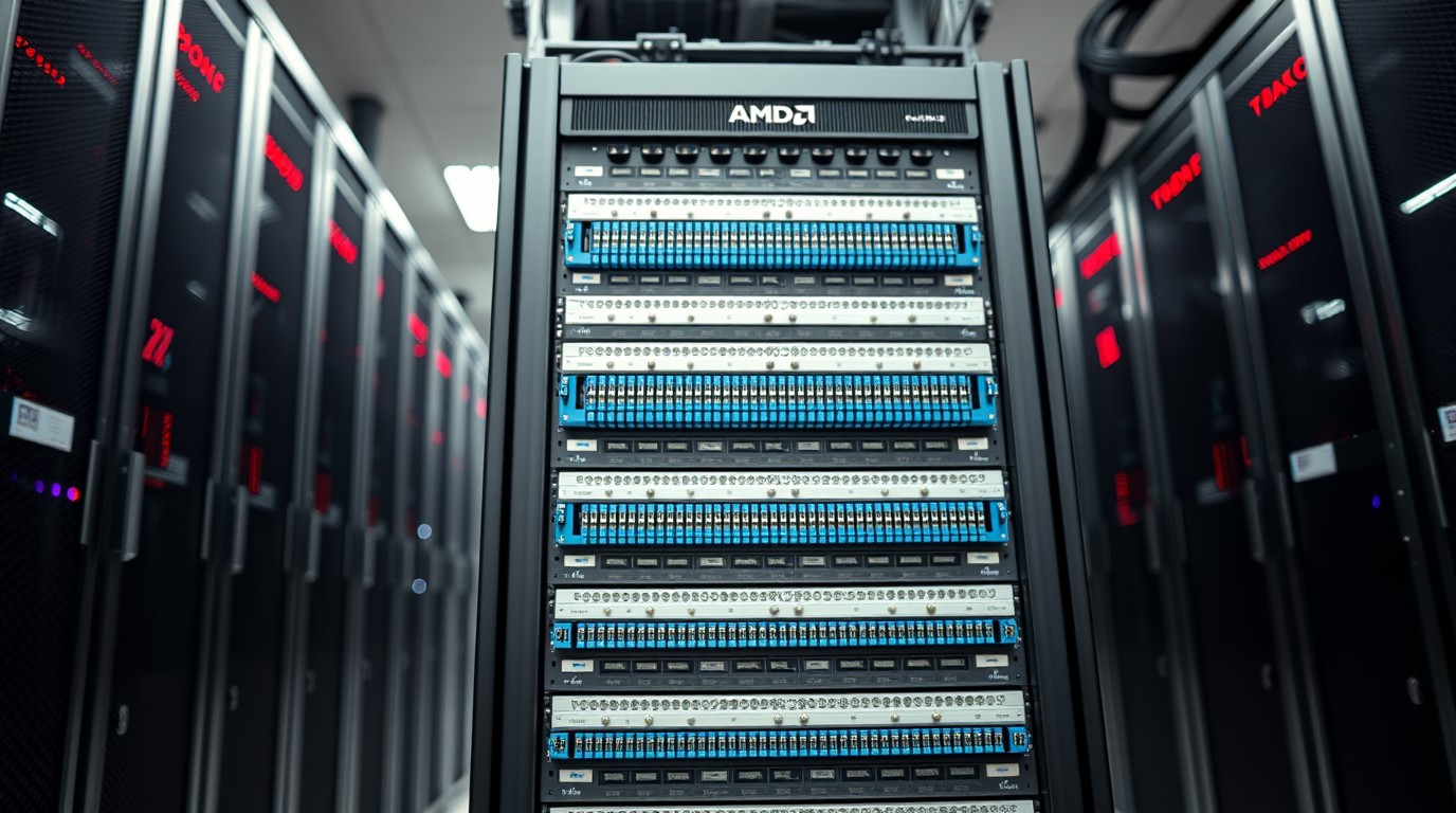 ภาพสร้างด้วย AI (ไม่ใช่ภาพถ่ายจริง) ประกอบข่าว แร็ก AI สเปกแรงจาก AMD อาจเกินรับไหวสำหรับดาต้าเซ็นเตอร์แบบดั้งเดิม