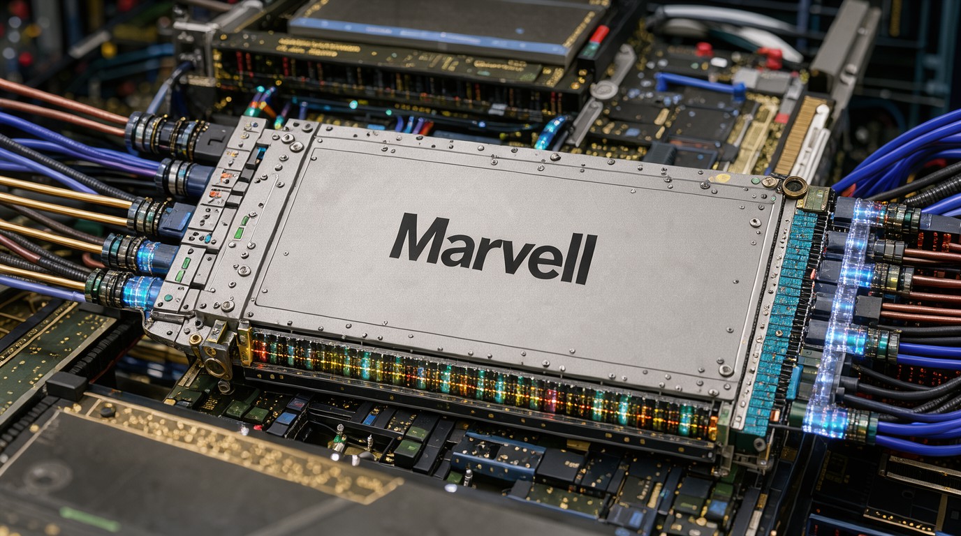 ภาพสร้างด้วย AI (ไม่ใช่ภาพถ่ายจริง) ประกอบข่าว Marvell โชว์โมดูลหน่วยจำแบบแสง เชื่อม GPU สูงสุด 16 ตัว แบ่ง RAM 32TB ร่วมกัน