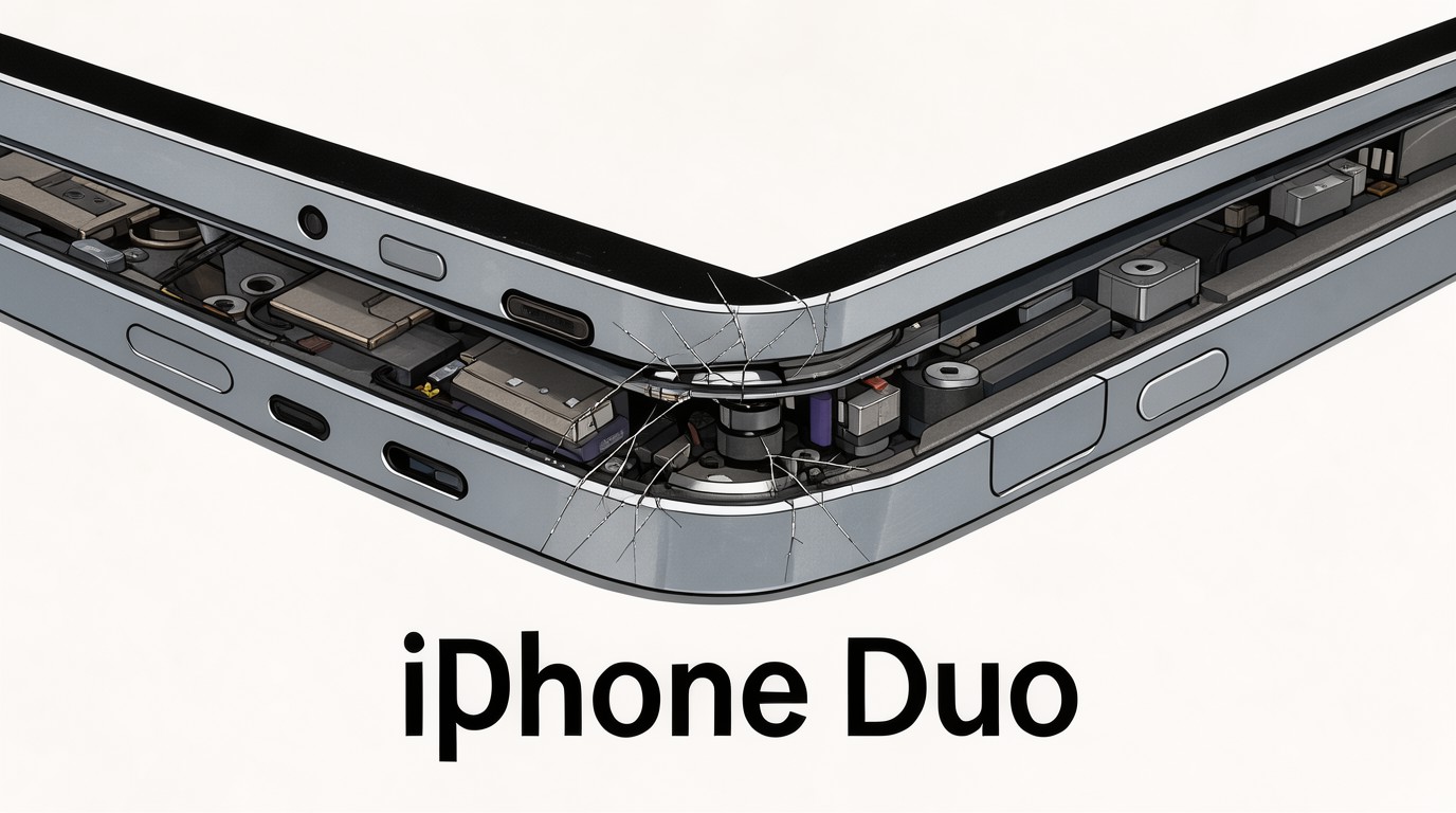 ภาพสร้างด้วย AI (ไม่ใช่ภาพถ่ายจริง) ประกอบข่าว YouTuber ผ่าพิสูจน์ iPhone Duo เจองานเข้า คาดบานพับมีจุดอ่อนทำจอแตก