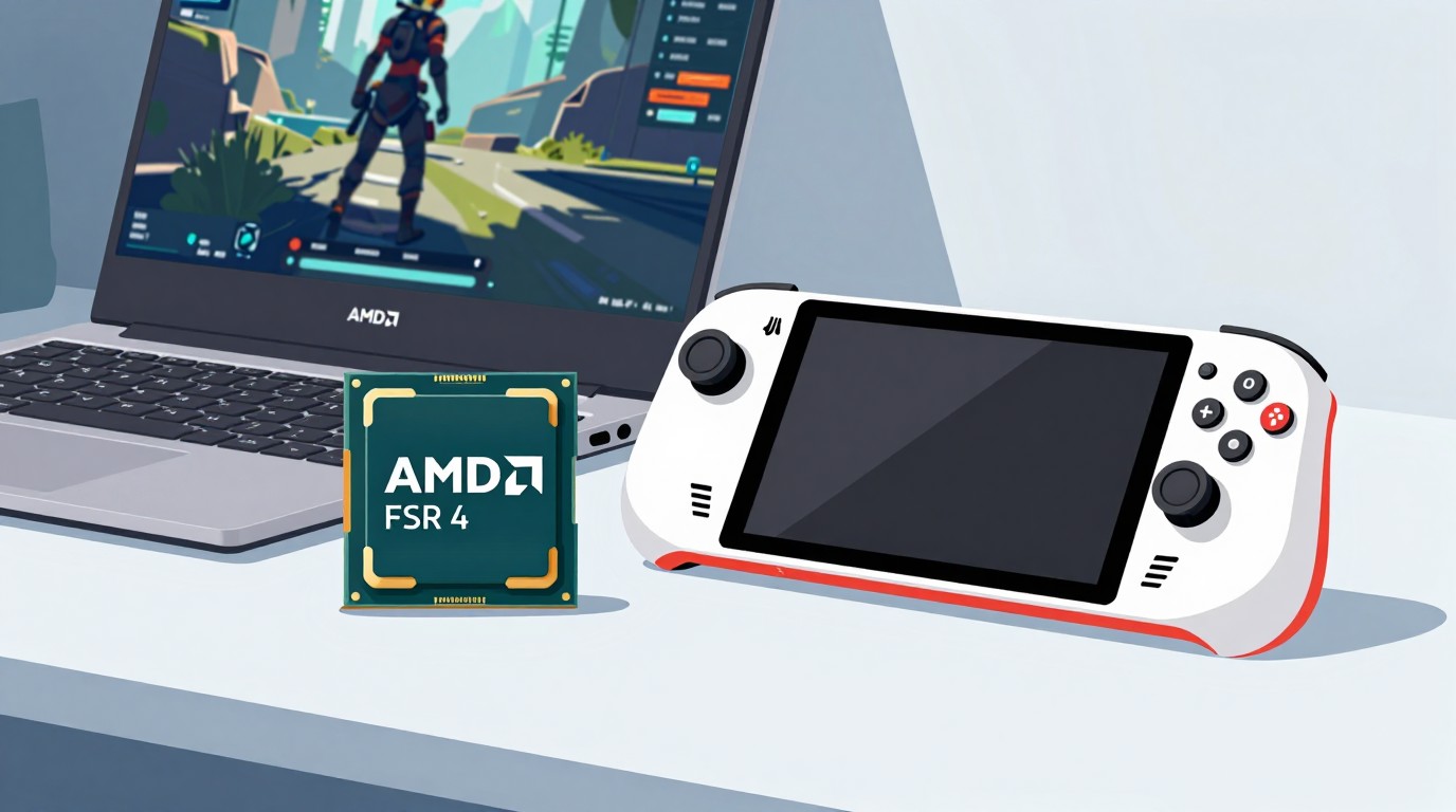 ภาพสร้างด้วย AI (ไม่ใช่ภาพถ่ายจริง) ประกอบข่าว AMD เตรียมนำ FSR 4 มาใช้กับเครื่องเล่นเกมพกพาภายในปลายปี 2026
