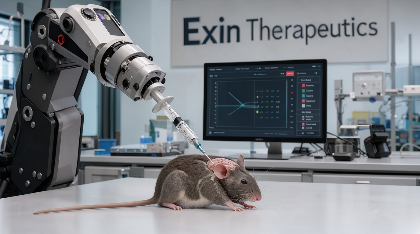 ภาพสร้างด้วย AI (ไม่ใช่ภาพถ่ายจริง) ประกอบข่าว สตาร์ทอัพให้ AI agent คุมแขนกลฉีดยาเข้าสมองหนูมีชีวิตสำเร็จ