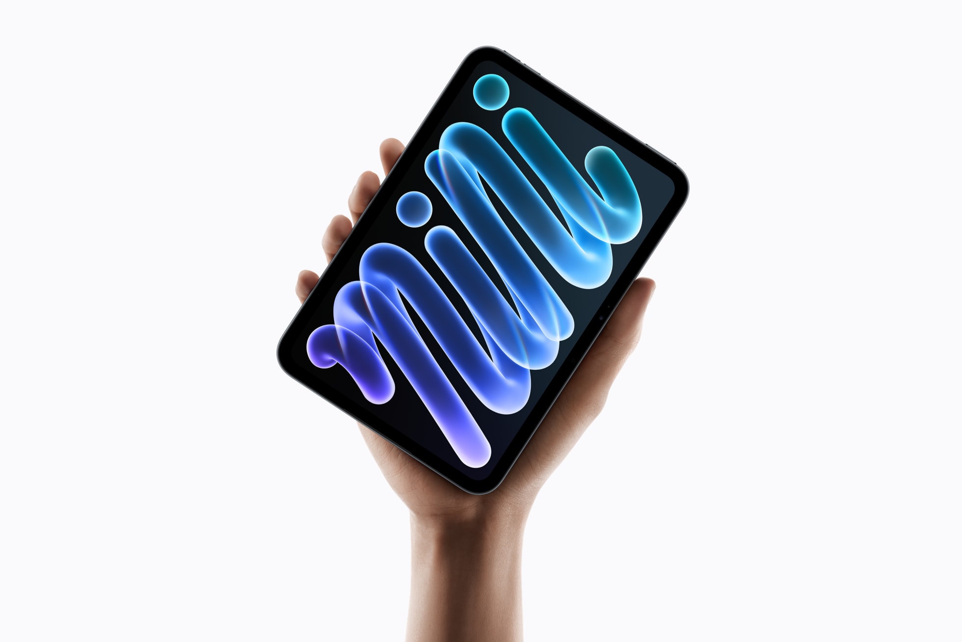 มือถือ iPad mini หน้าจอสีฟ้าเขียนคำว่า mini