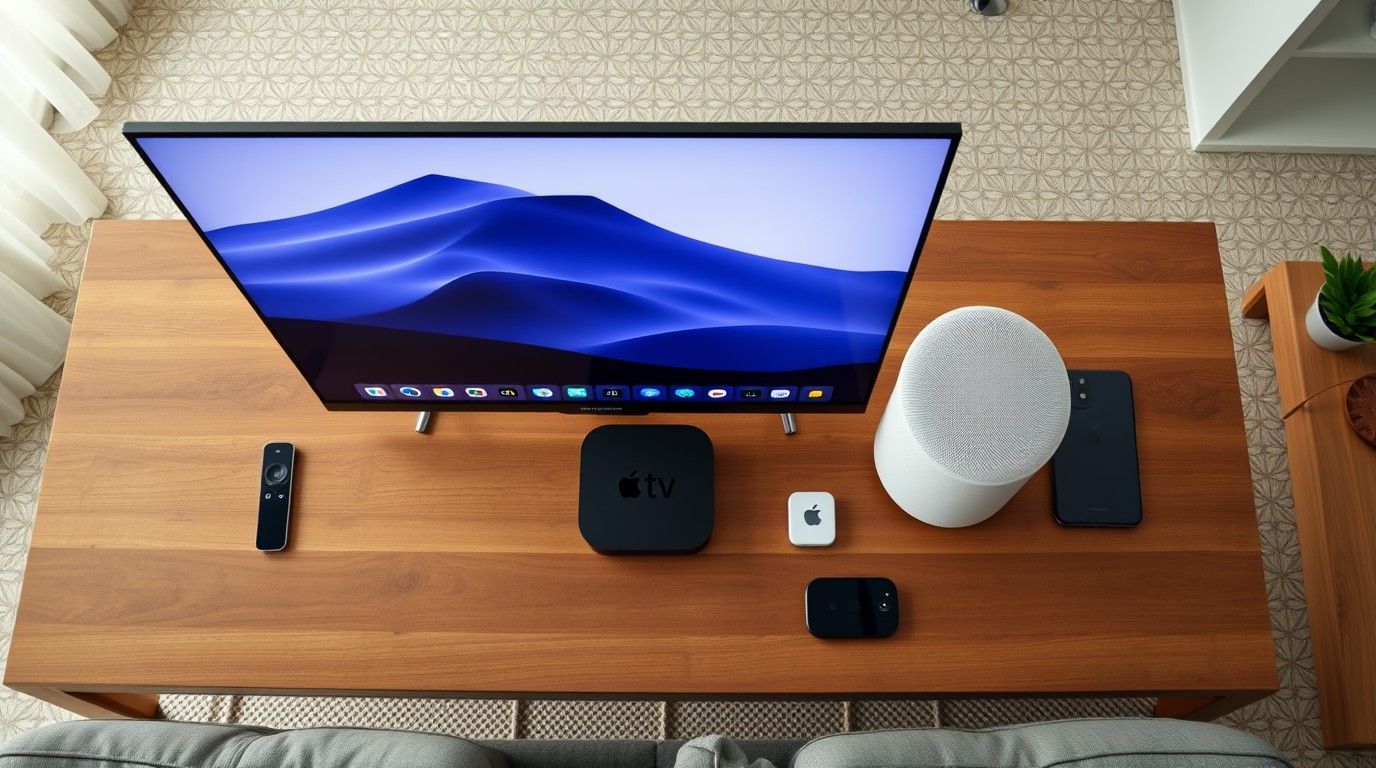 ภาพสร้างด้วย AI (ไม่ใช่ภาพถ่ายจริง) ประกอบข่าว Apple เปิดตัว HomeView จอสมาร์ตโฮมราคา 299 ดอลลาร์ พร้อม Apple TV 4K และ HomePod mini รุ่นใหม่