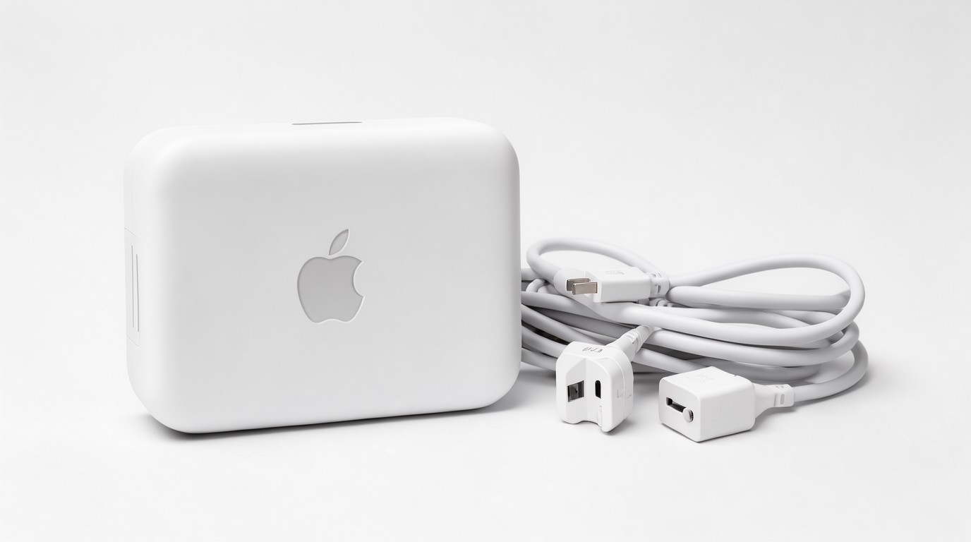 ภาพสร้างด้วย AI (ไม่ใช่ภาพถ่ายจริง) ประกอบข่าว Apple เปิดตัวอะแดปเตอร์ชาร์จ Mac รุ่นใหม่ พร้อมสายต่อและชุดปลั๊กต่างประเทศ