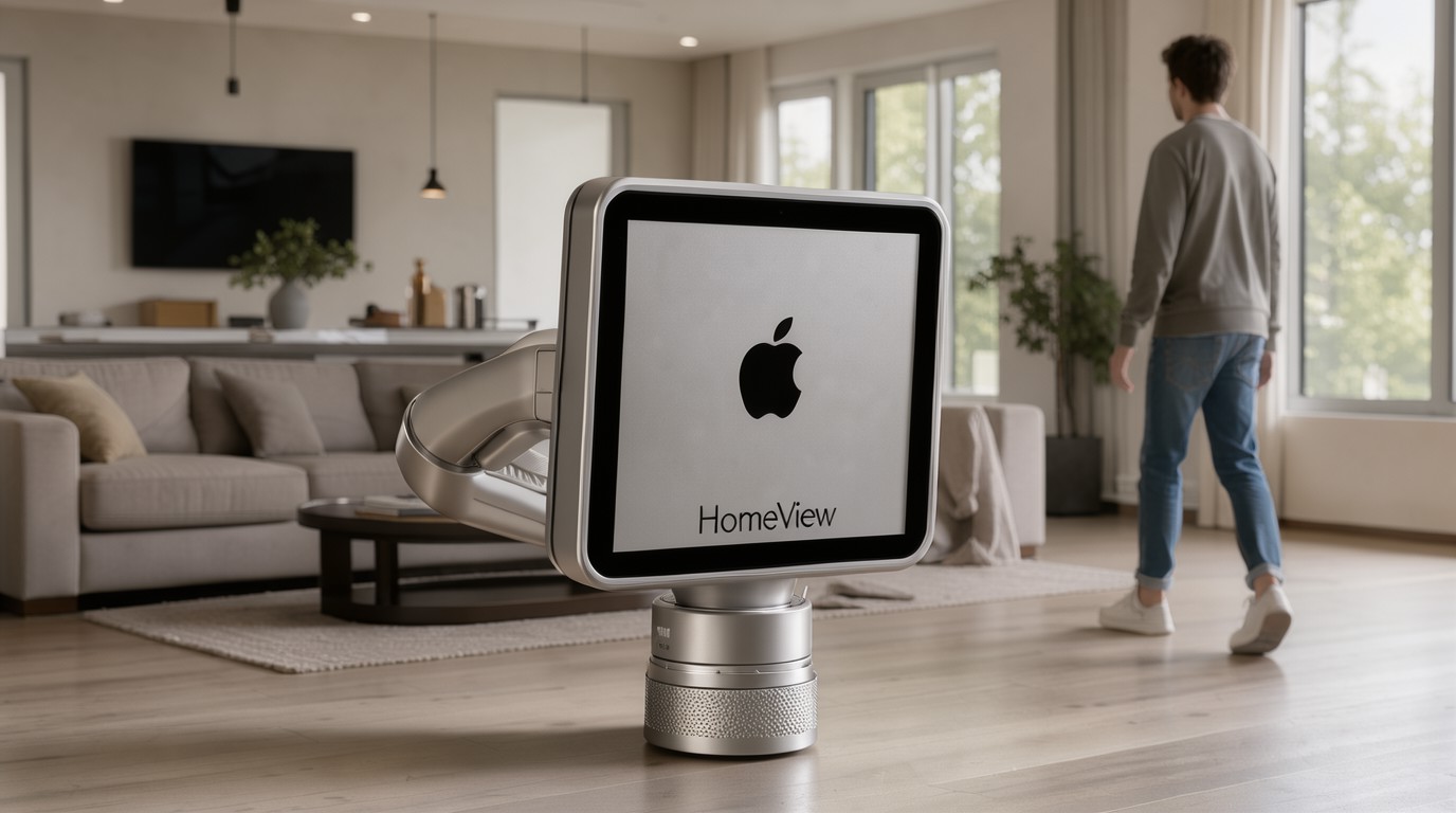 ภาพสร้างด้วย AI (ไม่ใช่ภาพถ่ายจริง) ประกอบข่าว Gurman เผย Apple กำลังทำ HomeView รุ่นใหญ่ขึ้น จอ 9 นิ้ว หมุนตามคนด้วยแขนกล