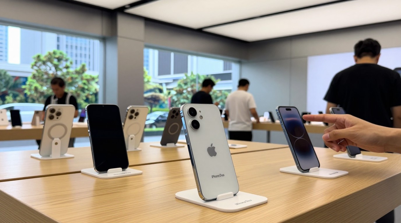 ภาพสร้างด้วย AI (ไม่ใช่ภาพถ่ายจริง) ประกอบข่าว Apple เตรียมเครื่องเดโม iPhone Duo กว่าร้อยเครื่องในร้านเรือธงก่อนเปิดขาย 23 ตุลาคม