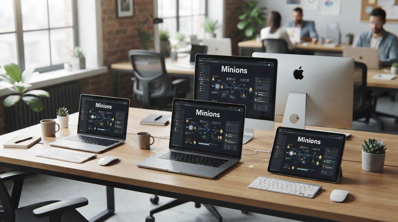 ภาพสร้างด้วย AI (ไม่ใช่ภาพถ่ายจริง) ประกอบข่าว Apple ใช้ Mac ที่ว่างงานทำเป็นคลาวด์ GPU เสมือนภายใน ชื่อระบบ Minions