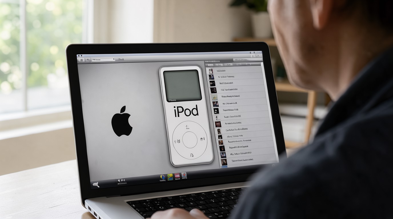 ภาพสร้างด้วย AI (ไม่ใช่ภาพถ่ายจริง) ประกอบข่าว Apple ซ่อนเครื่องเล่น iPod รุ่นแรกที่ใช้งานได้จริงไว้ในเว็บ Apple Music