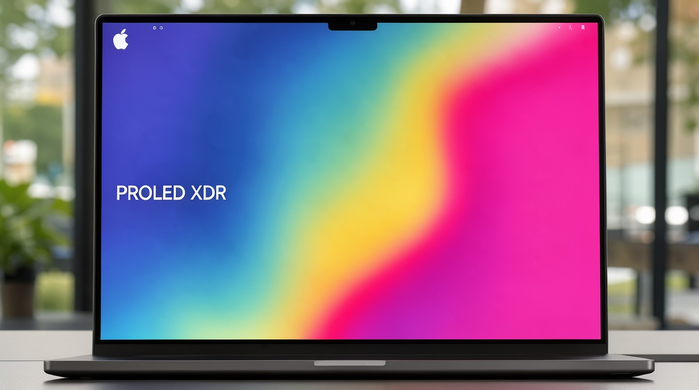 ภาพสร้างด้วย AI (ไม่ใช่ภาพถ่ายจริง) ประกอบข่าว MacBook Pro จอสัมผัสใหม่ใช้จอ PROLED XDR สว่างสุด 2,000 nits คอนทราสต์ 10,000,000:1