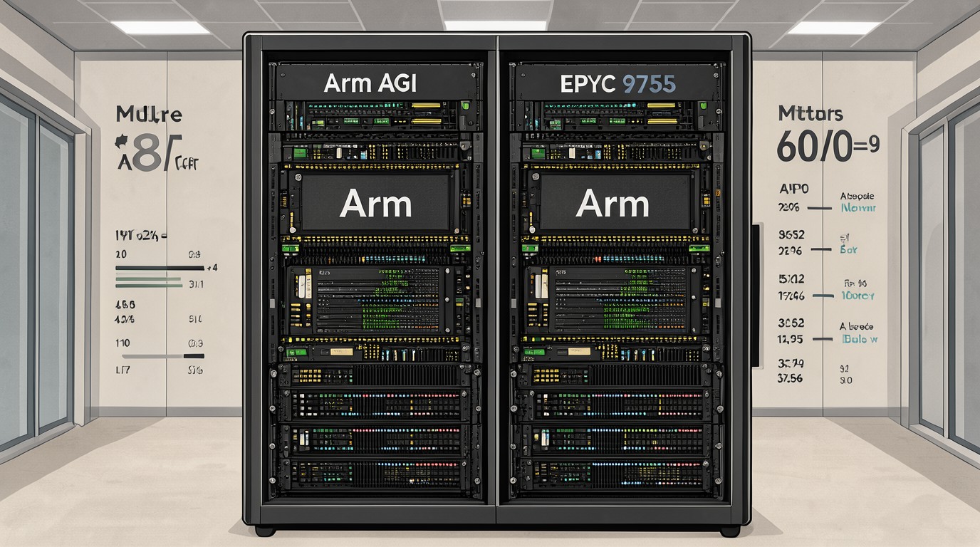 ภาพสร้างด้วย AI (ไม่ใช่ภาพถ่ายจริง) ประกอบข่าว Arm เคลม AGI CPU แรงกว่า AMD EPYC 9755 เกือบ 2 เท่าในงาน agentic AI ระดับ rack