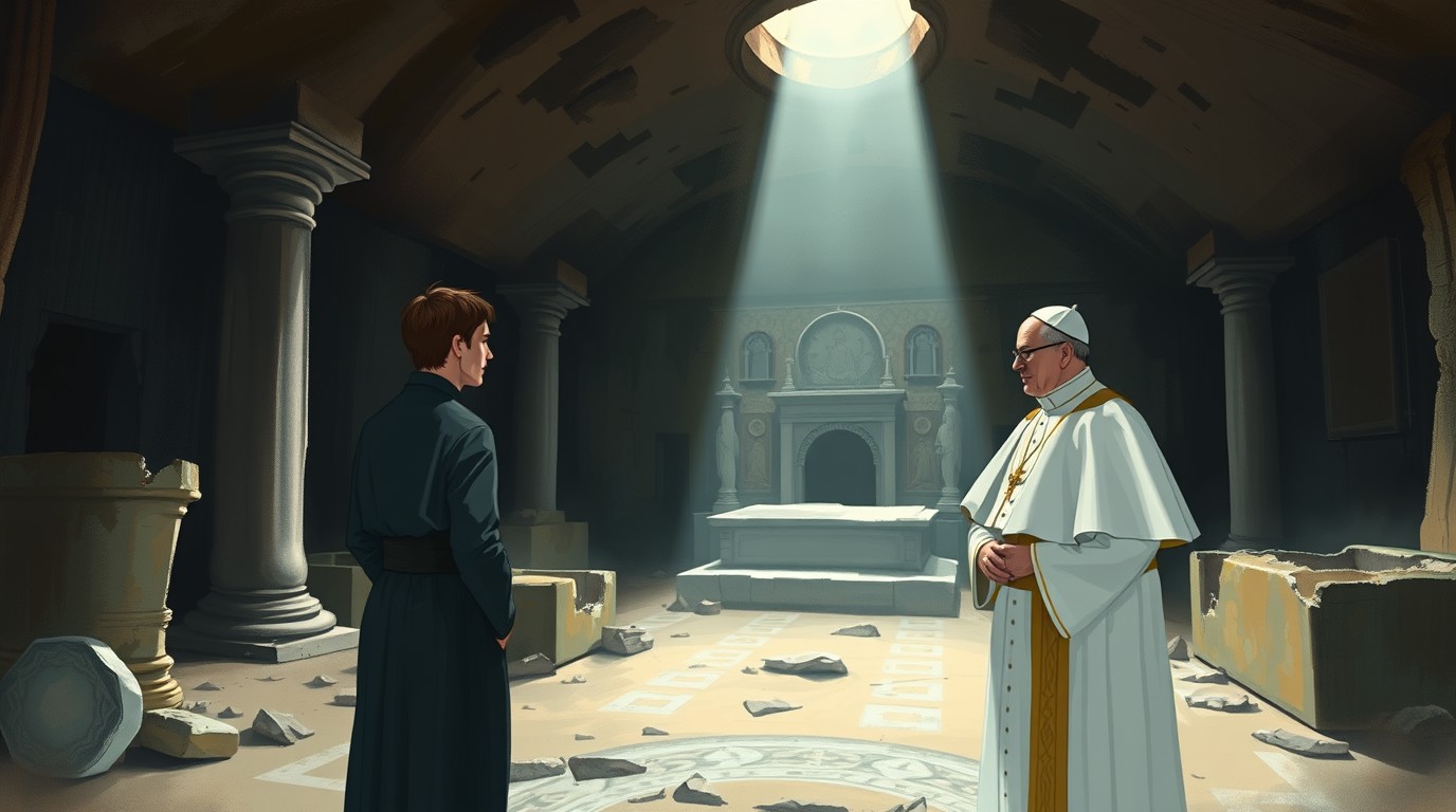 ภาพสร้างด้วย AI (ไม่ใช่ภาพถ่ายจริง) ประกอบข่าว Chris Pratt ร่วมกับ Pope Leo สำรวจหลุมศพ St. Peter ในสารคดี Pétros Ení