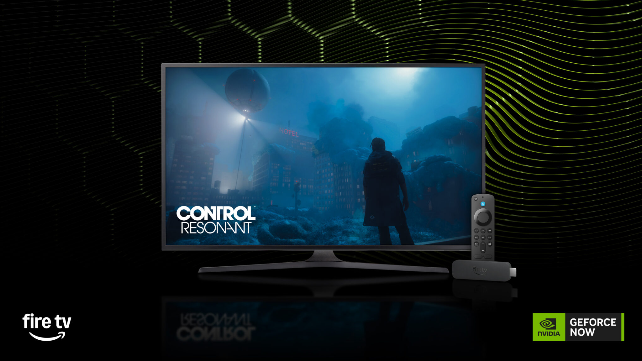 โลโก้ GeForce NOW บนอุปกรณ์ Fire TV กำลังสตรีมเกม