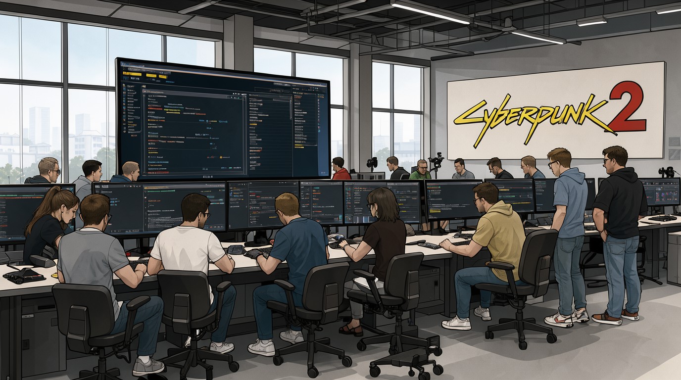 ภาพสร้างด้วย AI (ไม่ใช่ภาพถ่ายจริง) ประกอบข่าว ผู้ช่วยผู้กำกับ Cyberpunk 2 เผยทีม quest ครึ่งหนึ่งเป็นอดีตนักทำม็อด