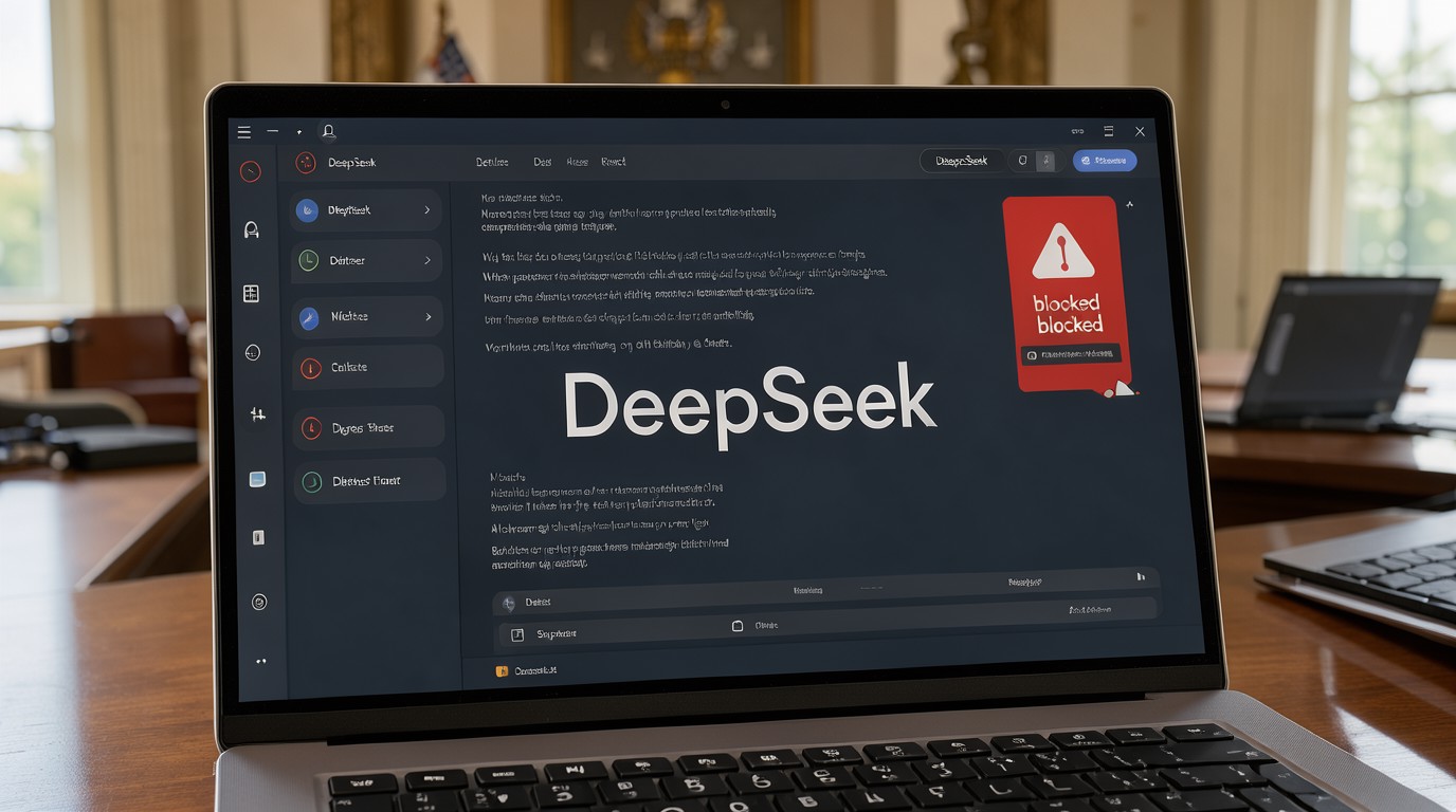 ภาพสร้างด้วย AI (ไม่ใช่ภาพถ่ายจริง) ประกอบข่าว สหรัฐฯ สั่งแบน DeepSeek ออกจากหน่วยงานรัฐบาลกลาง เพราะกลัวข้อมูลหลุดไปจีน
