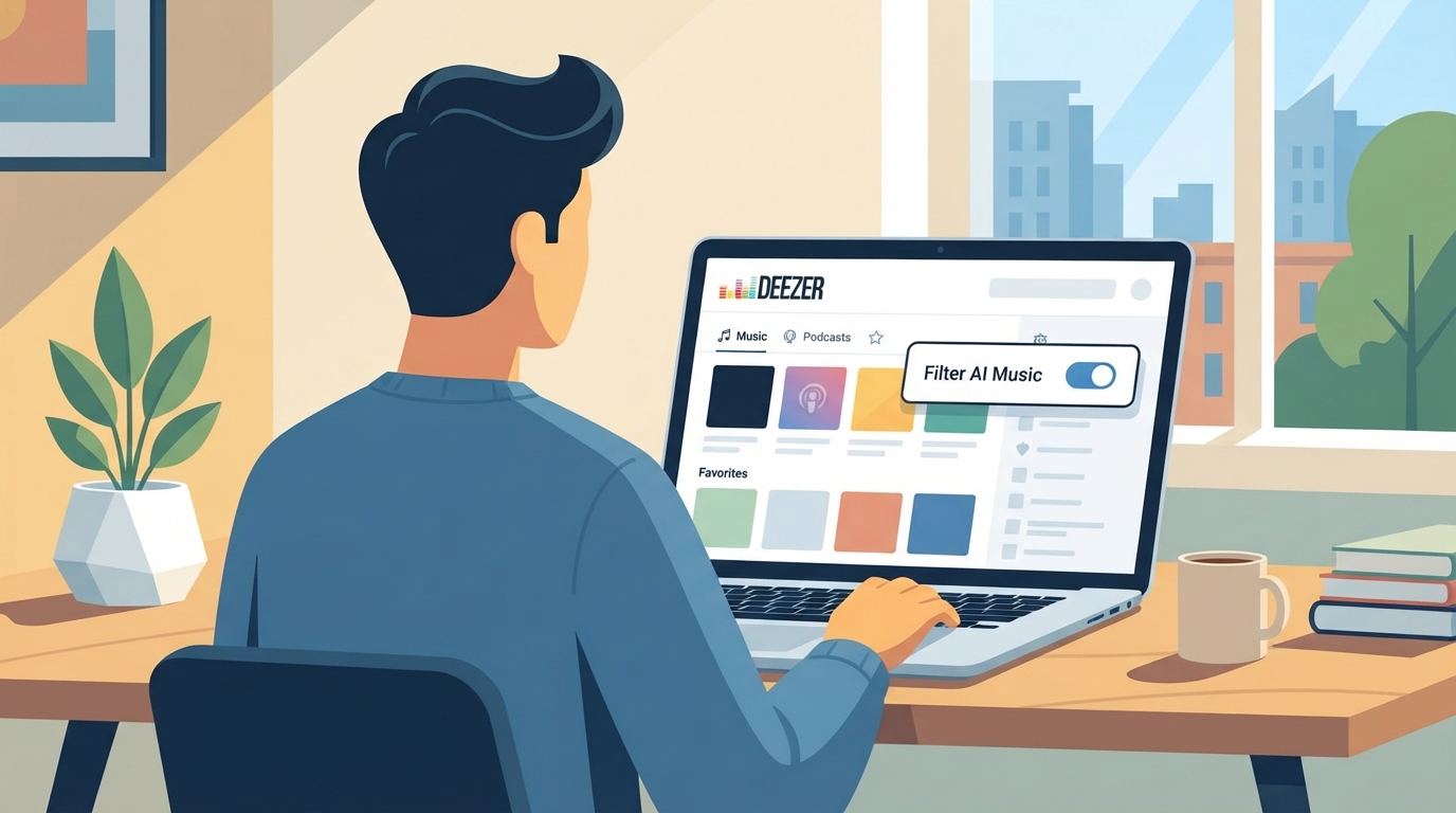 ภาพสร้างด้วย AI (ไม่ใช่ภาพถ่ายจริง) ประกอบข่าว Deezer เตรียมเพิ่มปุ่มกรองเพลงที่สร้างด้วย AI ออกจากผลการค้นหา