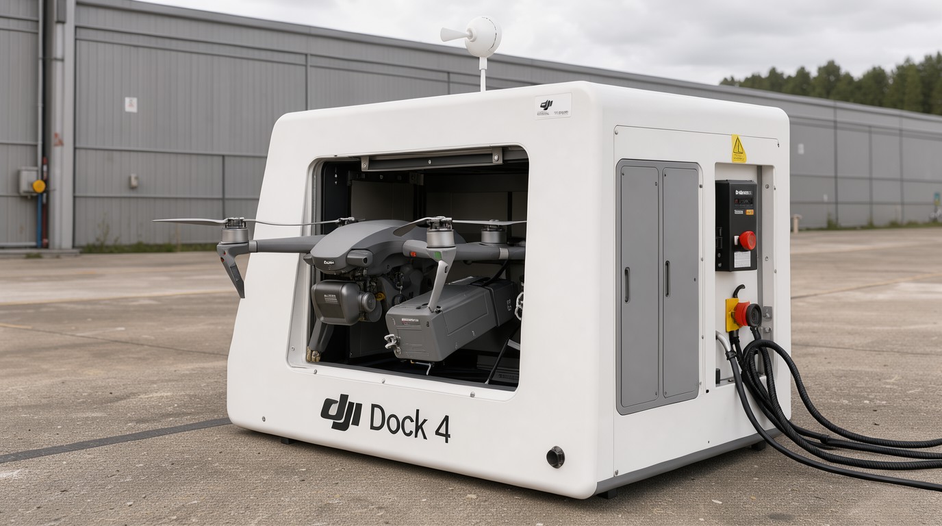 ภาพสร้างด้วย AI (ไม่ใช่ภาพถ่ายจริง) ประกอบข่าว DJI เปิดตัว Dock 4 ตู้ชาร์จโดรนสลับแบตเตอรี่ กลับขึ้นบินได้ใน 45 วินาที