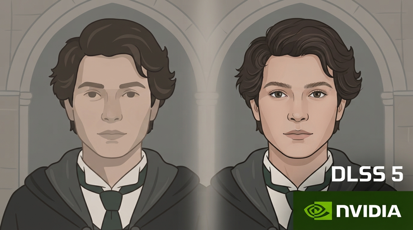 ภาพสร้างด้วย AI (ไม่ใช่ภาพถ่ายจริง) ประกอบข่าว Nvidia ลดความเข้มข้นของ DLSS 5 ก่อนเปิดใช้งานจริงใน Hogwarts Legacy เดือนหน้า