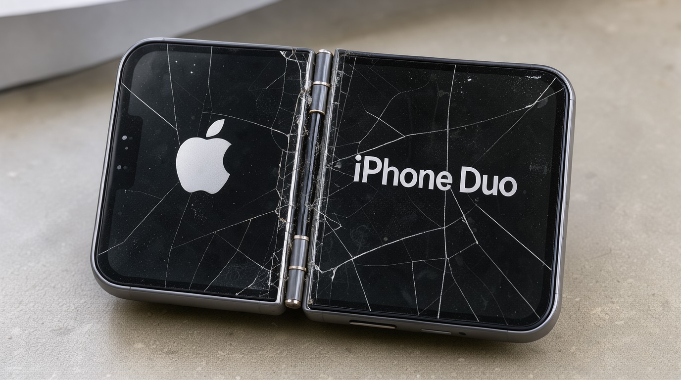 ภาพสร้างด้วย AI (ไม่ใช่ภาพถ่ายจริง) ประกอบข่าว ผู้ใช้ iPhone Duo บางคนพบจอด้านในแตกเป็นเส้น คาดบานพับมีปัญหา