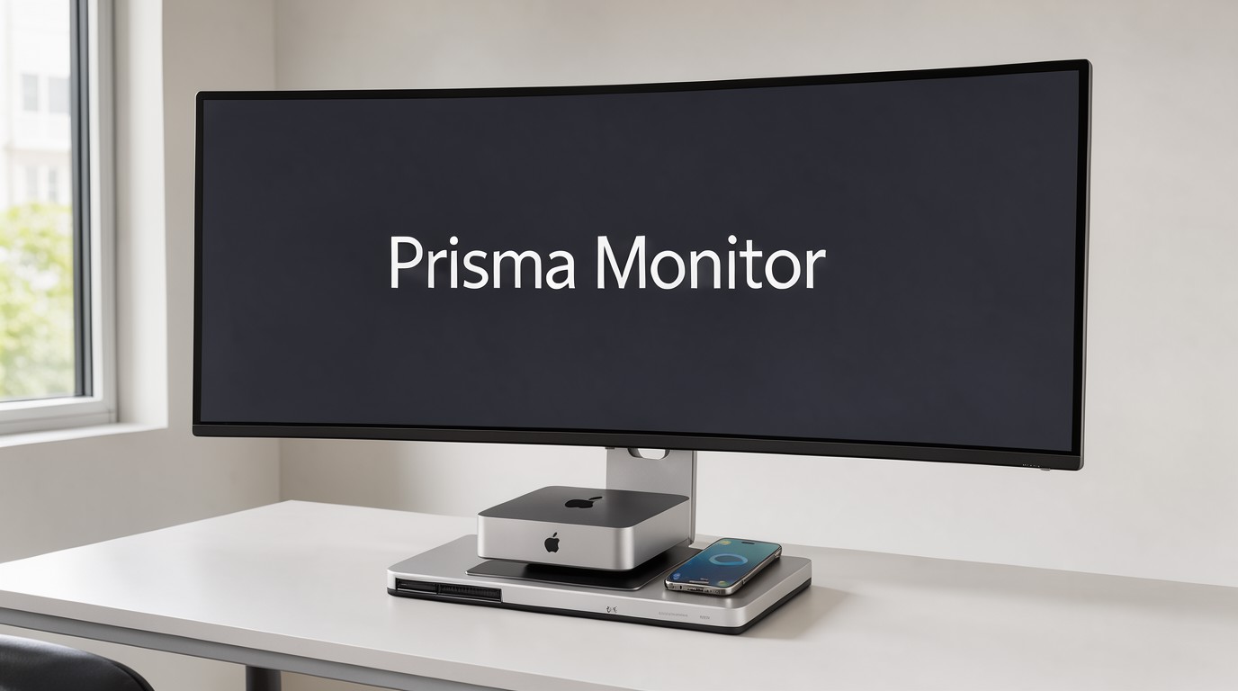 ภาพสร้างด้วย AI (ไม่ใช่ภาพถ่ายจริง) ประกอบข่าว Mobile Pixels เปิดตัวจอโค้ง 5K Prisma สำหรับ Mac mini ราคา Kickstarter 999 ดอลลาร์