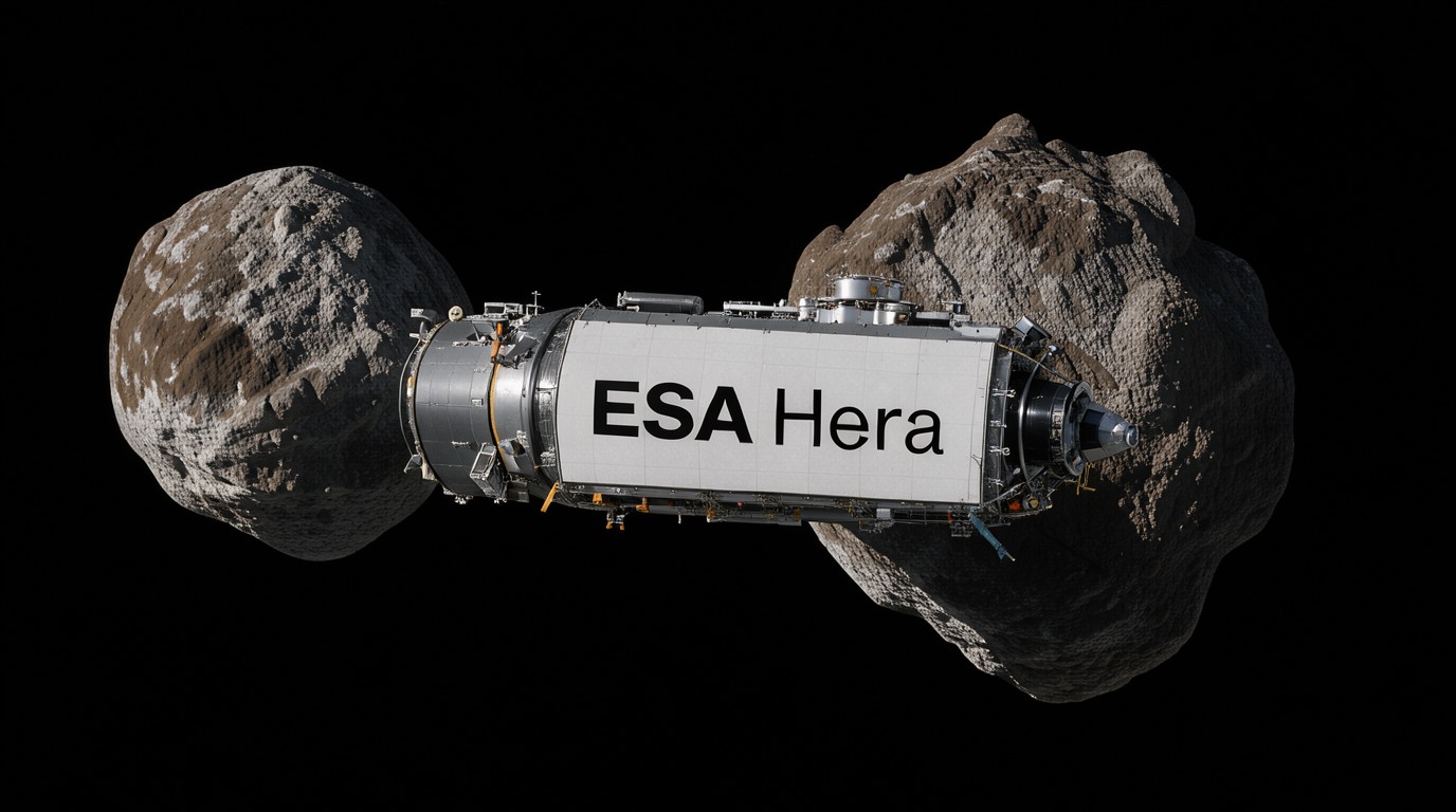ภาพสร้างด้วย AI (ไม่ใช่ภาพถ่ายจริง) ประกอบข่าว ยาน Hera ของ ESA ถ่ายภาพแรกเห็นดาวเคราะห์น้อยคู่ Didymos แยกเป็น 2 ดวงชัดเจน