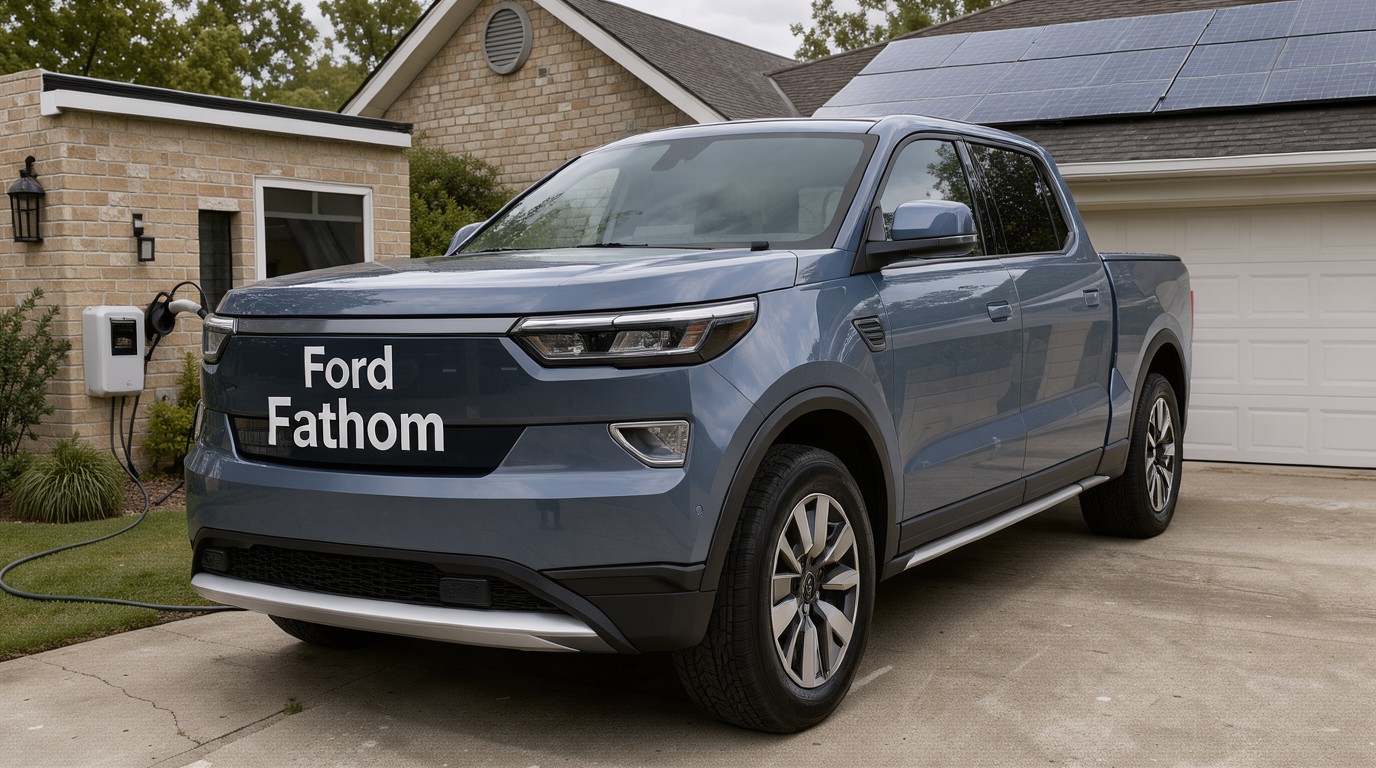 ภาพสร้างด้วย AI (ไม่ใช่ภาพถ่ายจริง) ประกอบข่าว Ford เปิดตัวที่ชาร์จใหม่ ให้กระบะไฟฟ้า Fathom จ่ายไฟให้บ้านได้ ราคาถูกลงครึ่ง