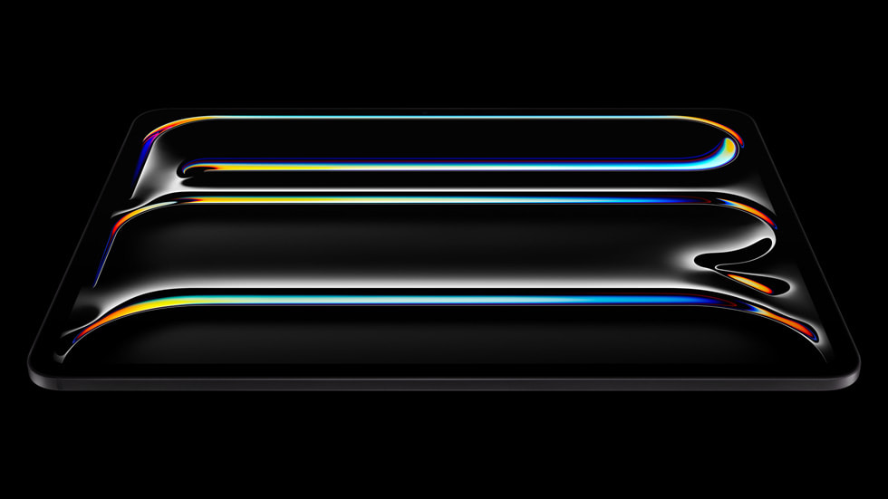 ผลงานศิลปะผลิตภัณฑ์ Apple แบบนามธรรม บนแผงสีมืดที่มีลวดลายสะท้อนแสงแบบชิป