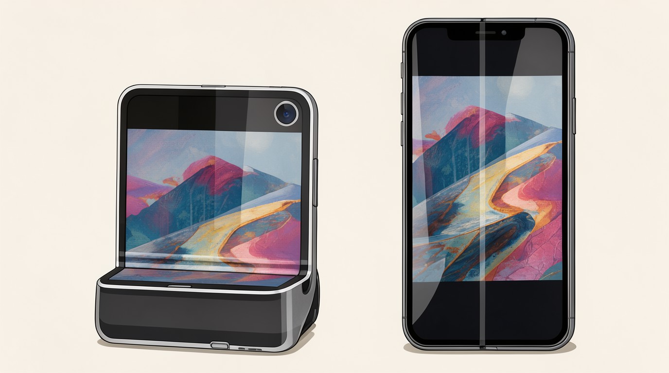 ภาพสร้างด้วย AI (ไม่ใช่ภาพถ่ายจริง) ประกอบข่าว Engadget ย้อนวิวัฒนาการมือถือพับ จาก Royole FlexPai สู่ iPhone Duo ของ Apple