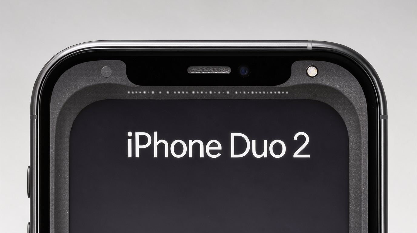 ภาพสร้างด้วย AI (ไม่ใช่ภาพถ่ายจริง) ประกอบข่าว Apple ทดสอบ iPhone Duo 2 ต้นแบบที่มี Face ID แล้ว ตามรายงานของ Gurman