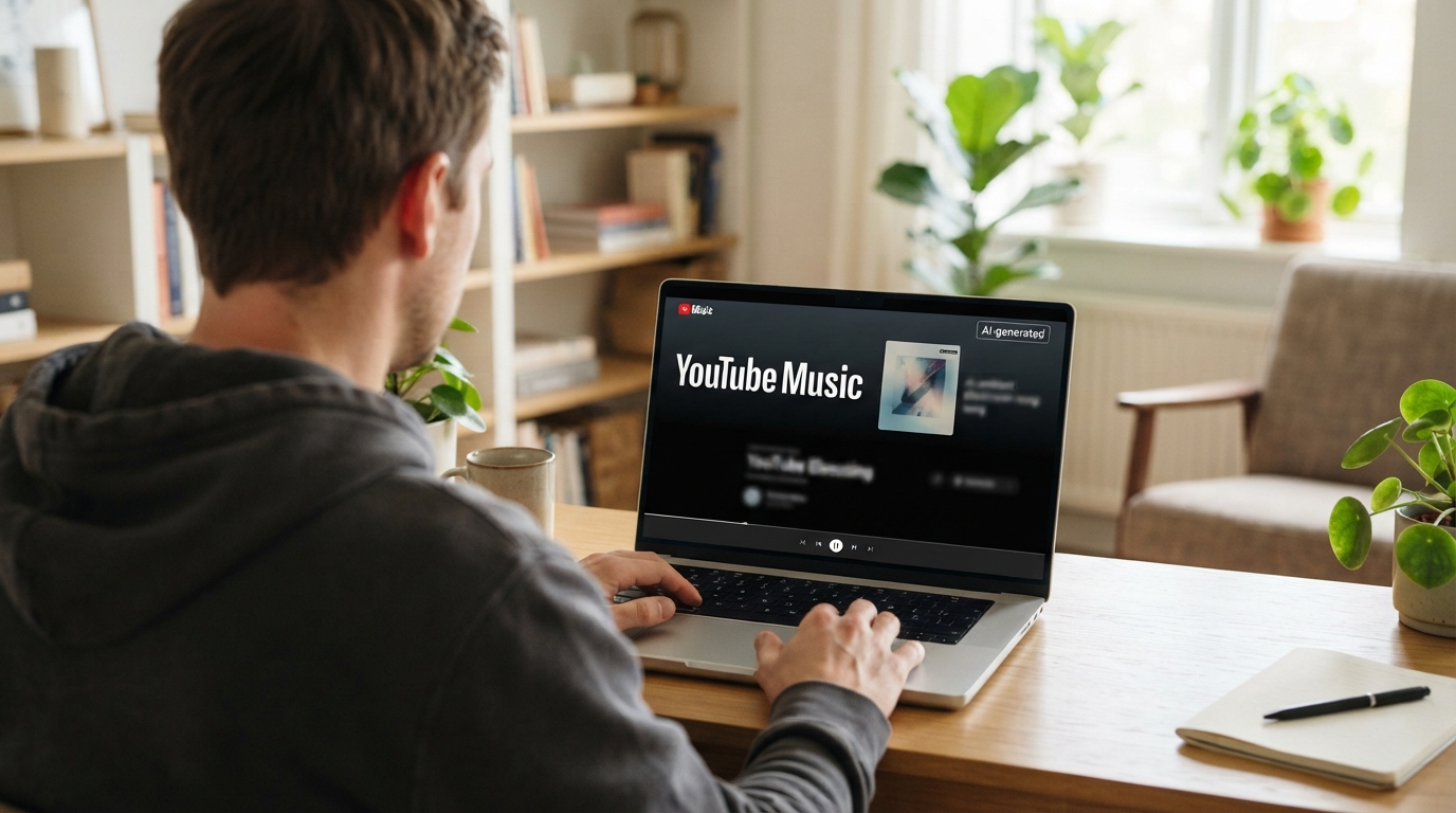 ภาพสร้างด้วย AI (ไม่ใช่ภาพถ่ายจริง) ประกอบข่าว YouTube Music เริ่มติดป้ายกำกับเพลงที่สร้างด้วย AI ให้ผู้ฟังเลี่ยงได้