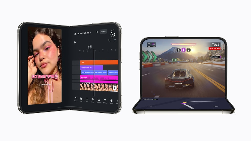 ภาพผลิตภัณฑ์ iPhone ที่พับได้จาก Apple แสดงการใช้งานสองแบบ