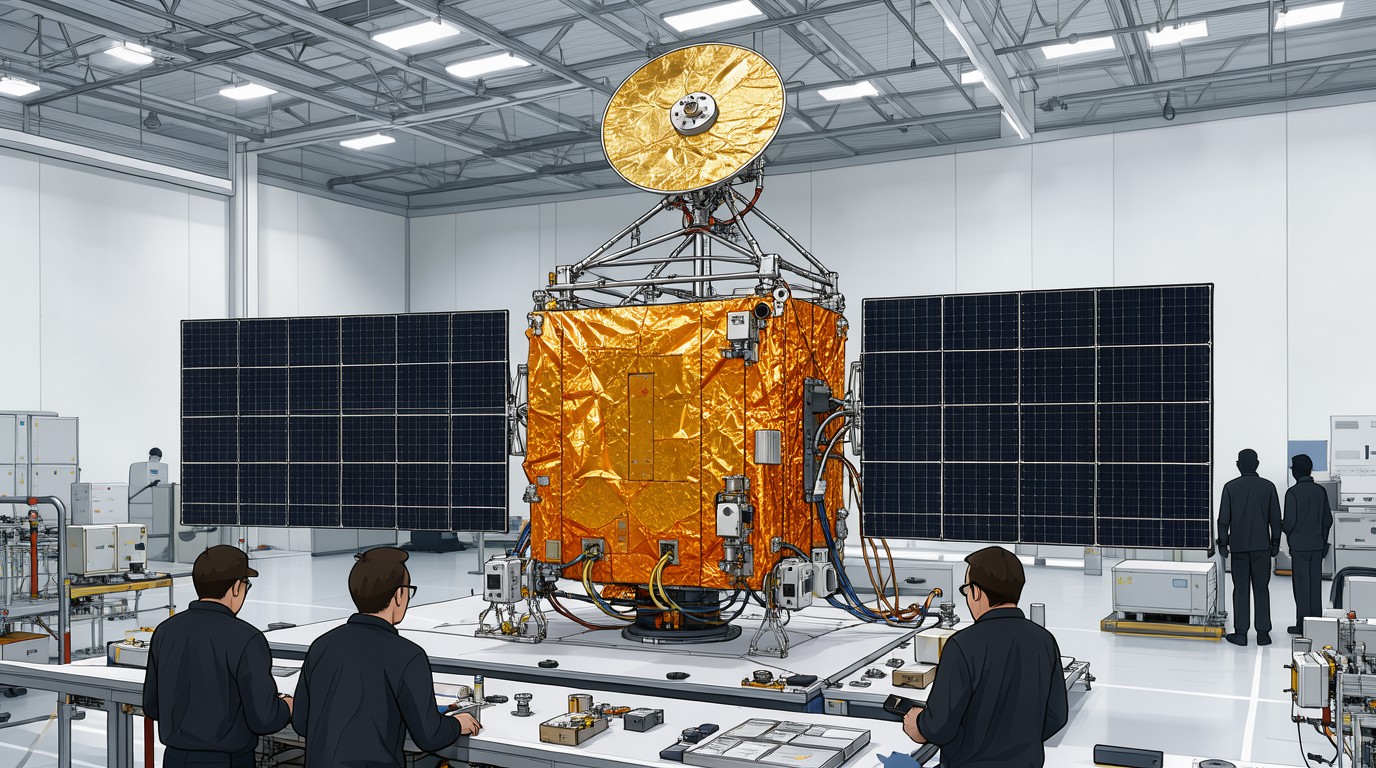 ภาพสร้างด้วย AI (ไม่ใช่ภาพถ่ายจริง) ประกอบข่าว ดาวเทียมตรวจน้ำแข็ง CRISTAL ของ ESA ผ่านทดสอบกางแผงโซลาร์ครั้งแรก