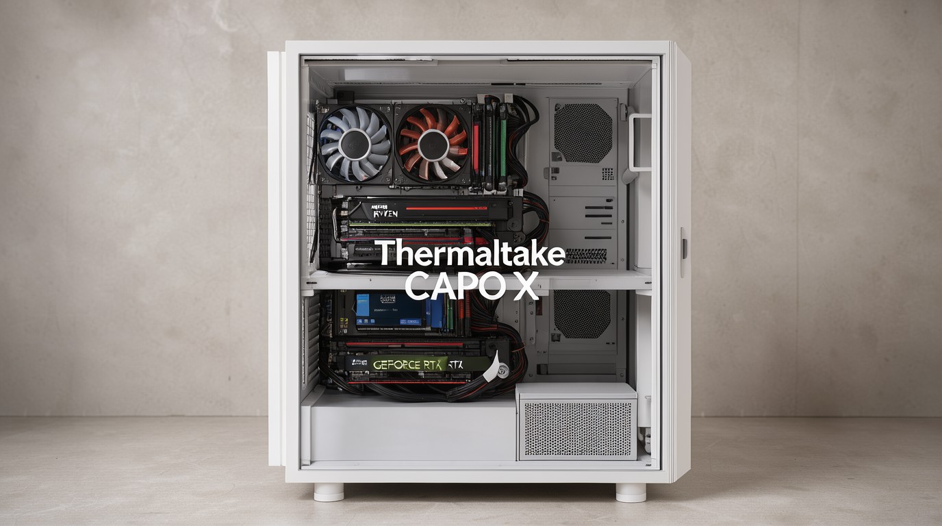 ภาพสร้างด้วย AI (ไม่ใช่ภาพถ่ายจริง) ประกอบข่าว Thermaltake CAPO X เคสเดียวซ่อนคอม 2 เครื่อง AMD กับ Intel ได้ในตัว ผลทดสอบความเย็นออกมาแล้ว