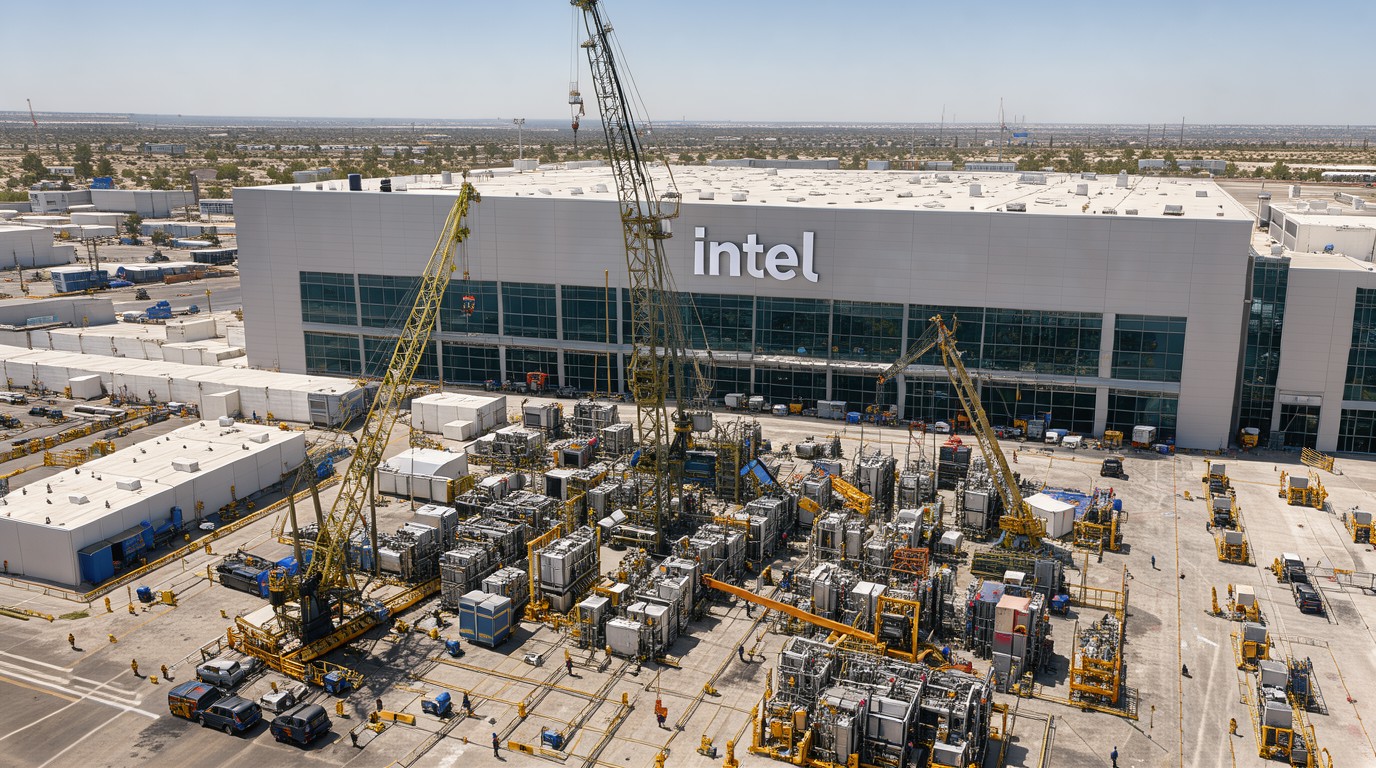 ภาพสร้างด้วย AI (ไม่ใช่ภาพถ่ายจริง) ประกอบข่าว Intel เริ่มติดตั้งเครื่องจักรที่ Fab 62 ในแอริโซนา ตั้งเป้าผลิตจริงปี 2028