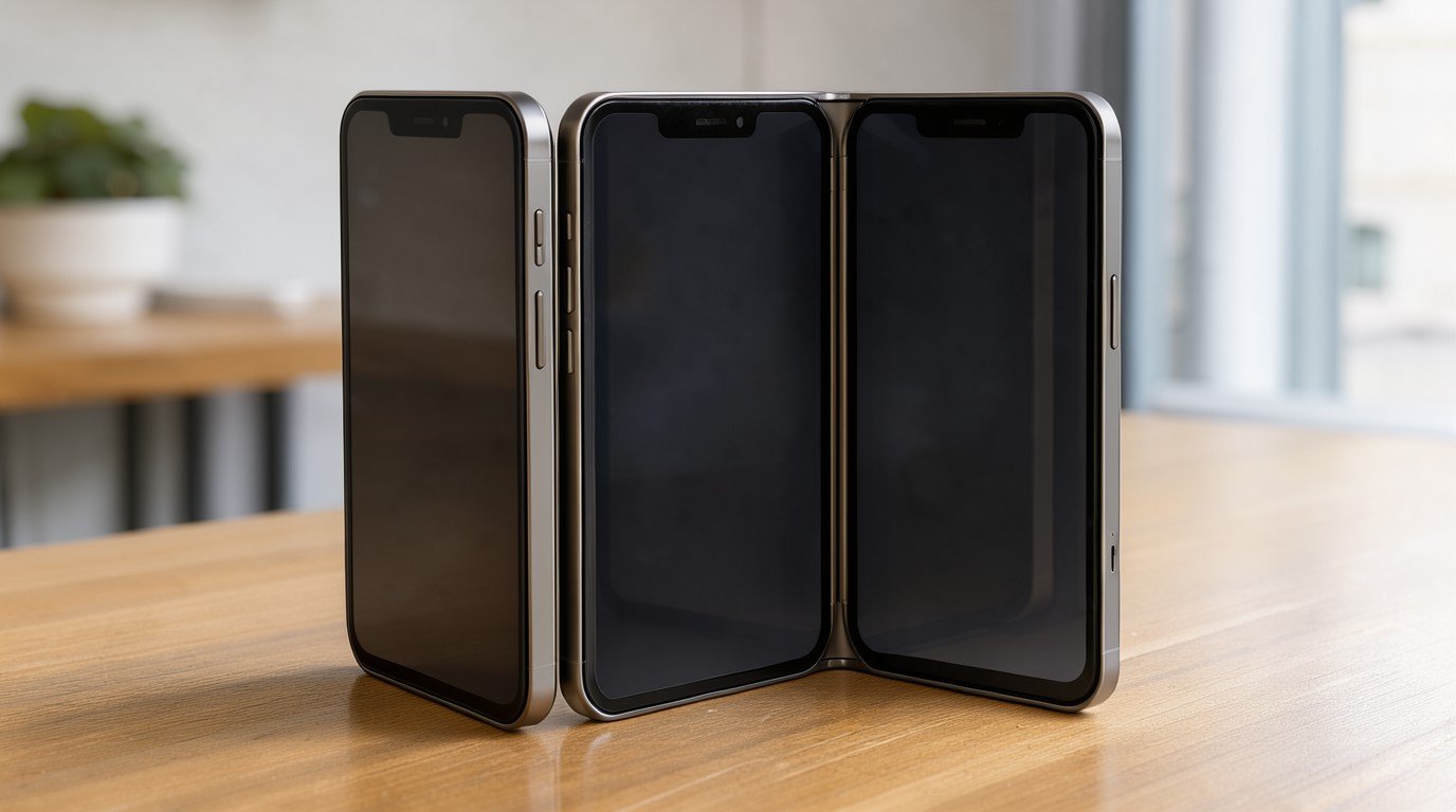 ภาพสร้างด้วย AI (ไม่ใช่ภาพถ่ายจริง) ประกอบข่าว TrendForce คาด iPhone Duo ครองตลาดมือถือพับได้ 29.8% ในปี 2027