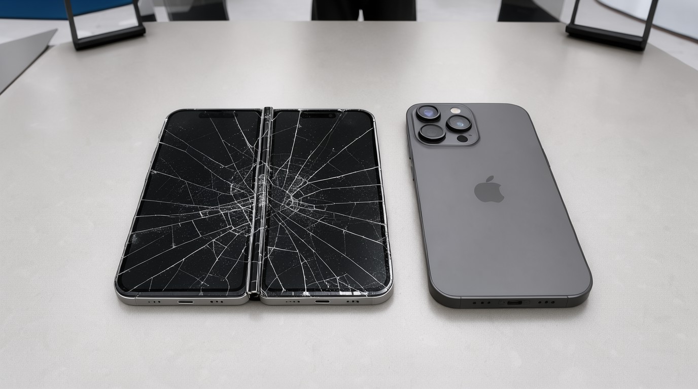 ภาพสร้างด้วย AI (ไม่ใช่ภาพถ่ายจริง) ประกอบข่าว จอพับ iPhone Duo แตกง่าย เกือบ 30% ของผู้ตอบแบบสอบถาม Android Authority บอกจะไม่ซื้อ
