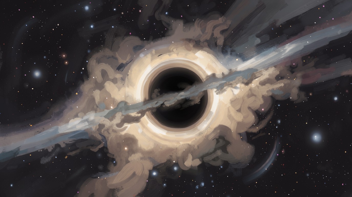 ภาพสร้างด้วย AI (ไม่ใช่ภาพถ่ายจริง) ประกอบข่าว JWST และ ALMA พบเควซาร์ฝุ่นหนาในเอกภพยุคแรก หลุมดำมวล 1,100 ล้านเท่าดวงอาทิตย์กำลังโตเร็ว