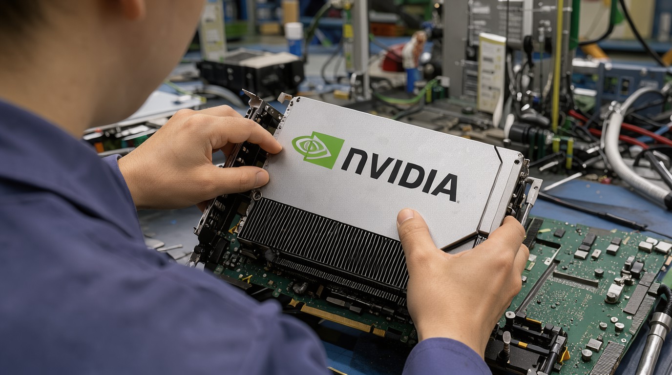 ภาพสร้างด้วย AI (ไม่ใช่ภาพถ่ายจริง) ประกอบข่าว คลิปหลุดโรงงานจีน รื้อ RTX 5090 แกะกล่องนับร้อยถึงพันใบ แปลงใช้งานใน AI server