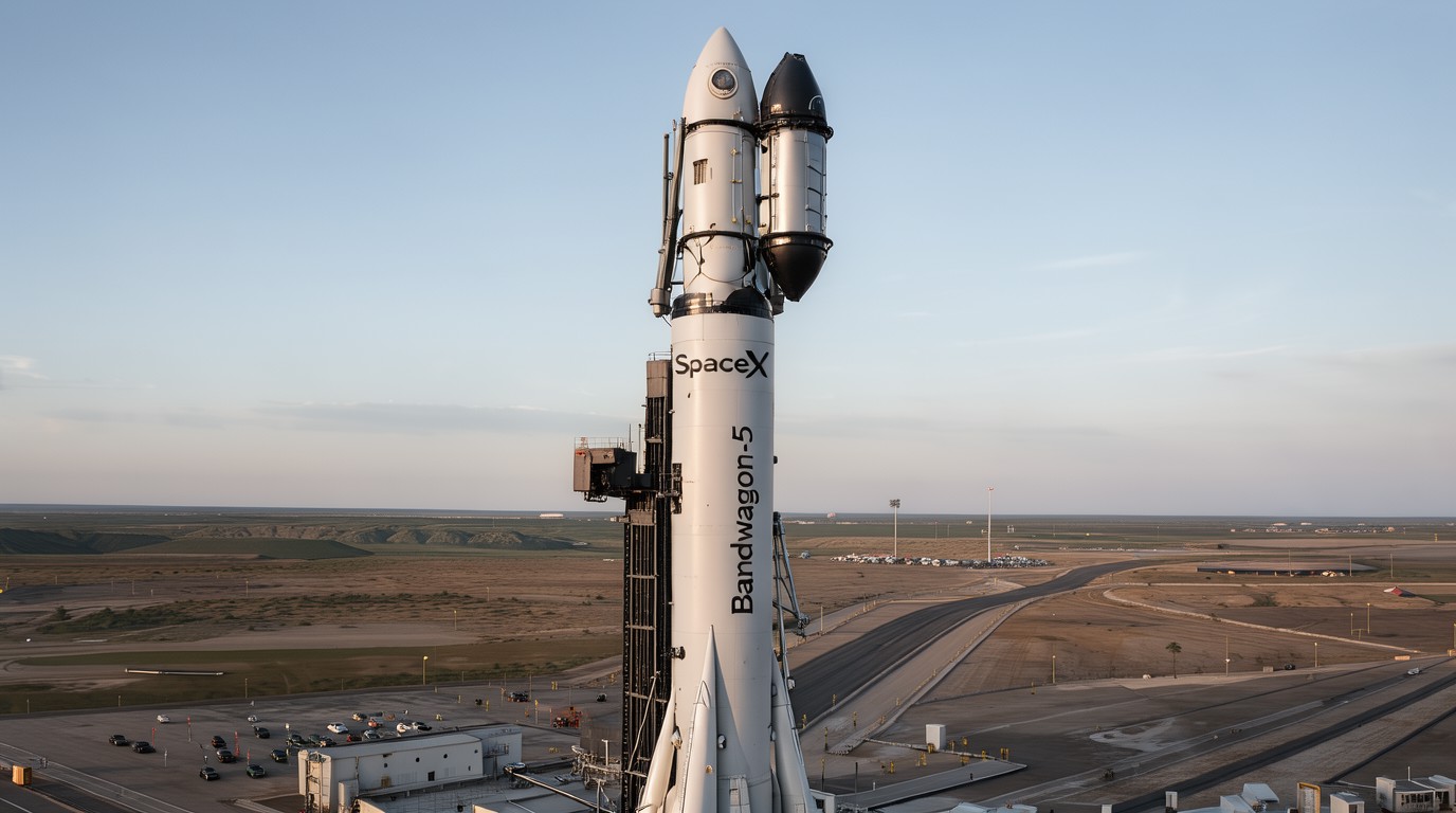 ภาพสร้างด้วย AI (ไม่ใช่ภาพถ่ายจริง) ประกอบข่าว SpaceX เตรียมปล่อยแคปซูล Starfall กลับโลก พร้อมดาวเทียมลูกค้า 31 ดวงในภารกิจ Bandwagon-5