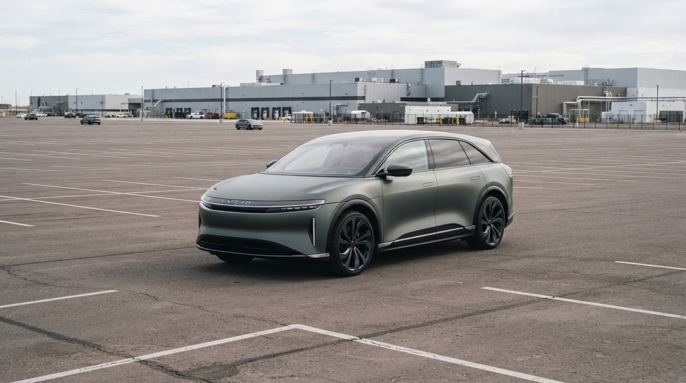 ภาพสร้างด้วย AI (ไม่ใช่ภาพถ่ายจริง) ประกอบข่าว Lucid Motors ผลิตรถไฟฟ้าลดฮวบ ต่ำสุดในรอบเกือบ 2 ปี