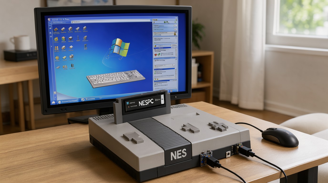 ภาพสร้างด้วย AI (ไม่ใช่ภาพถ่ายจริง) ประกอบข่าว นักดัดแปลงแปลง NES ให้มีเดสก์ท็อปคล้าย Windows ด้วยฮาร์ดแวร์ของแท้