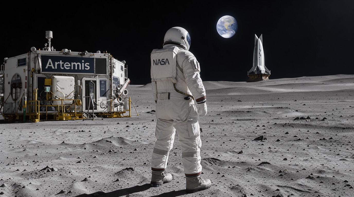 ภาพสร้างด้วย AI (ไม่ใช่ภาพถ่ายจริง) ประกอบข่าว NASA เร่งแผนตั้งฐานดวงจันทร์ หวังพานักบินอวกาศลงจอดในไม่ถึง 2 ปี