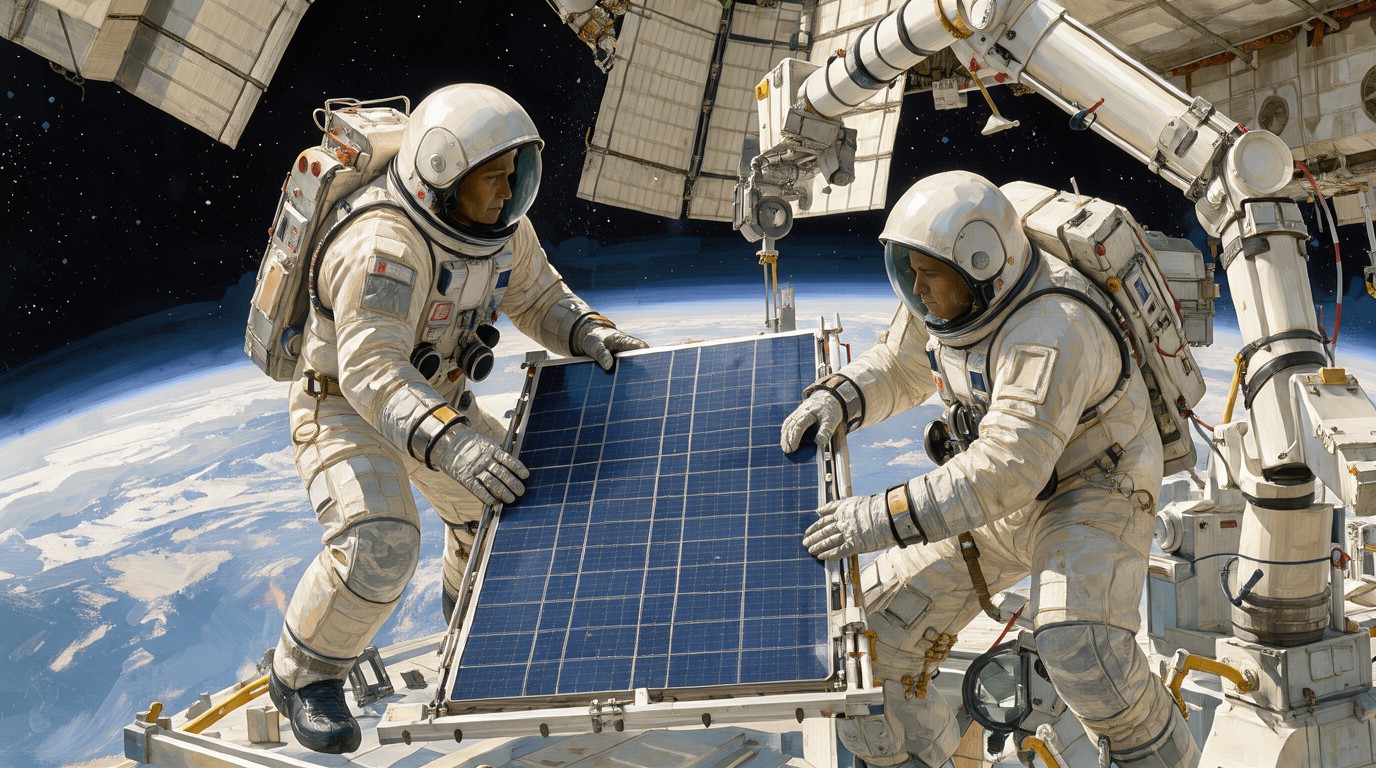 ภาพสร้างด้วย AI (ไม่ใช่ภาพถ่ายจริง) ประกอบข่าว NASA เหลือสเปซวอล์คอีก 2 ครั้งจะจบอัปเกรดแผงโซลาร์ ISS ให้ใช้งานถึงปี 2030