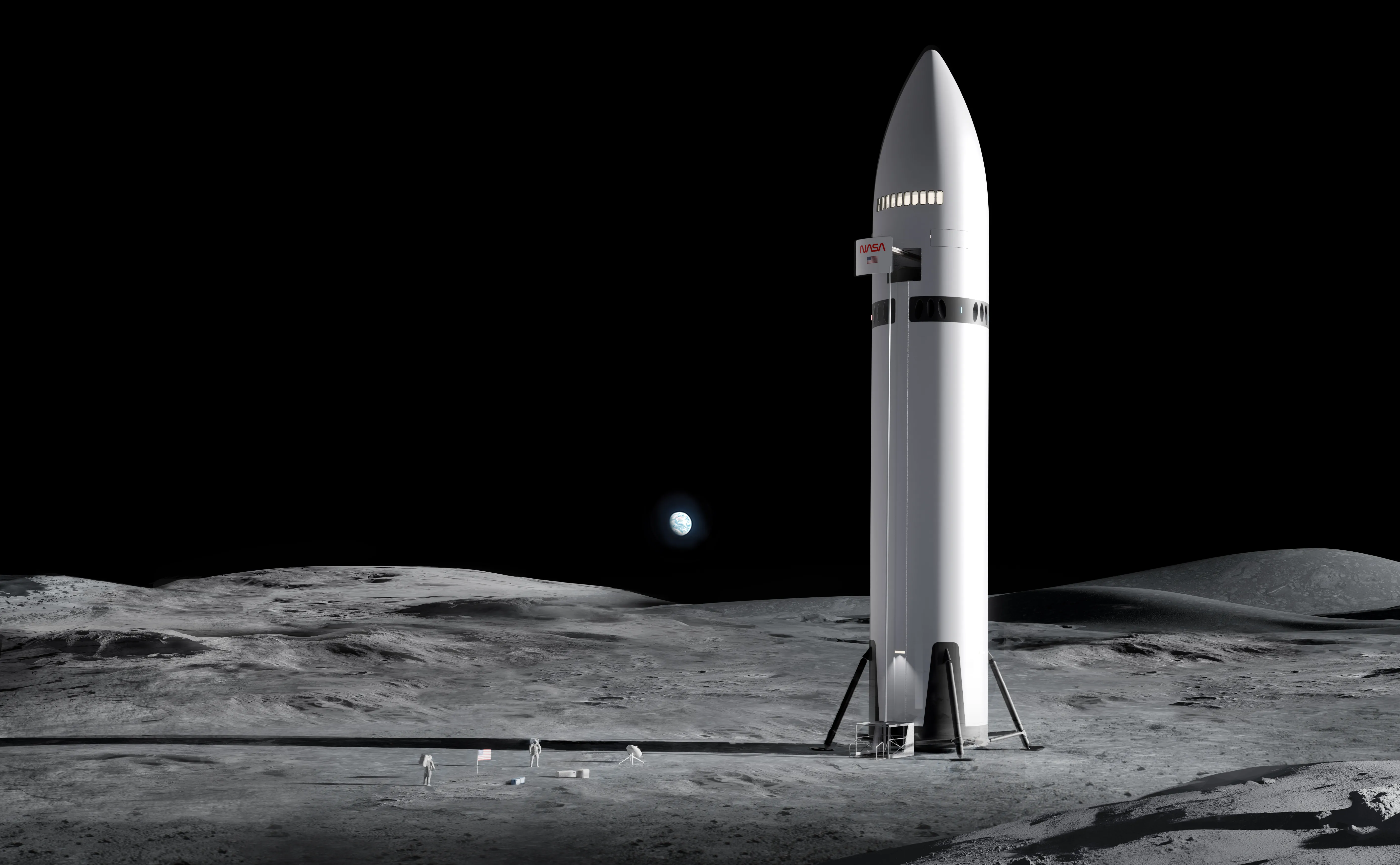 ยานลงดวงจันทร์ SpaceX Starship บนพื้นดวงจันทร์พร้อมโลโก้ NASA และนักบินอวกาศ