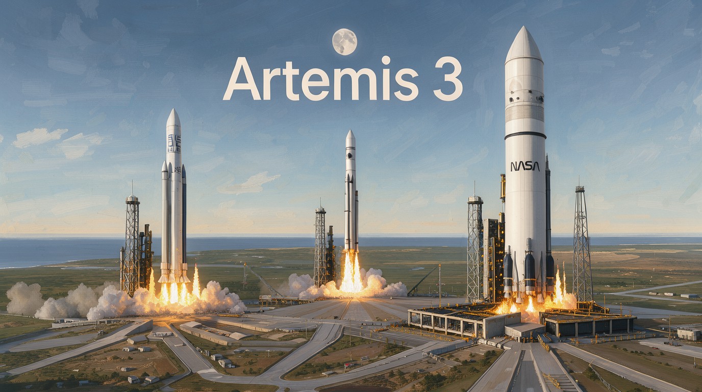 ภาพสร้างด้วย AI (ไม่ใช่ภาพถ่ายจริง) ประกอบข่าว NASA เผยแผน Artemis 3 ยิงจรวดยักษ์ 3 ลำใน 2 สัปดาห์ ทดสอบยานลงจอดดวงจันทร์