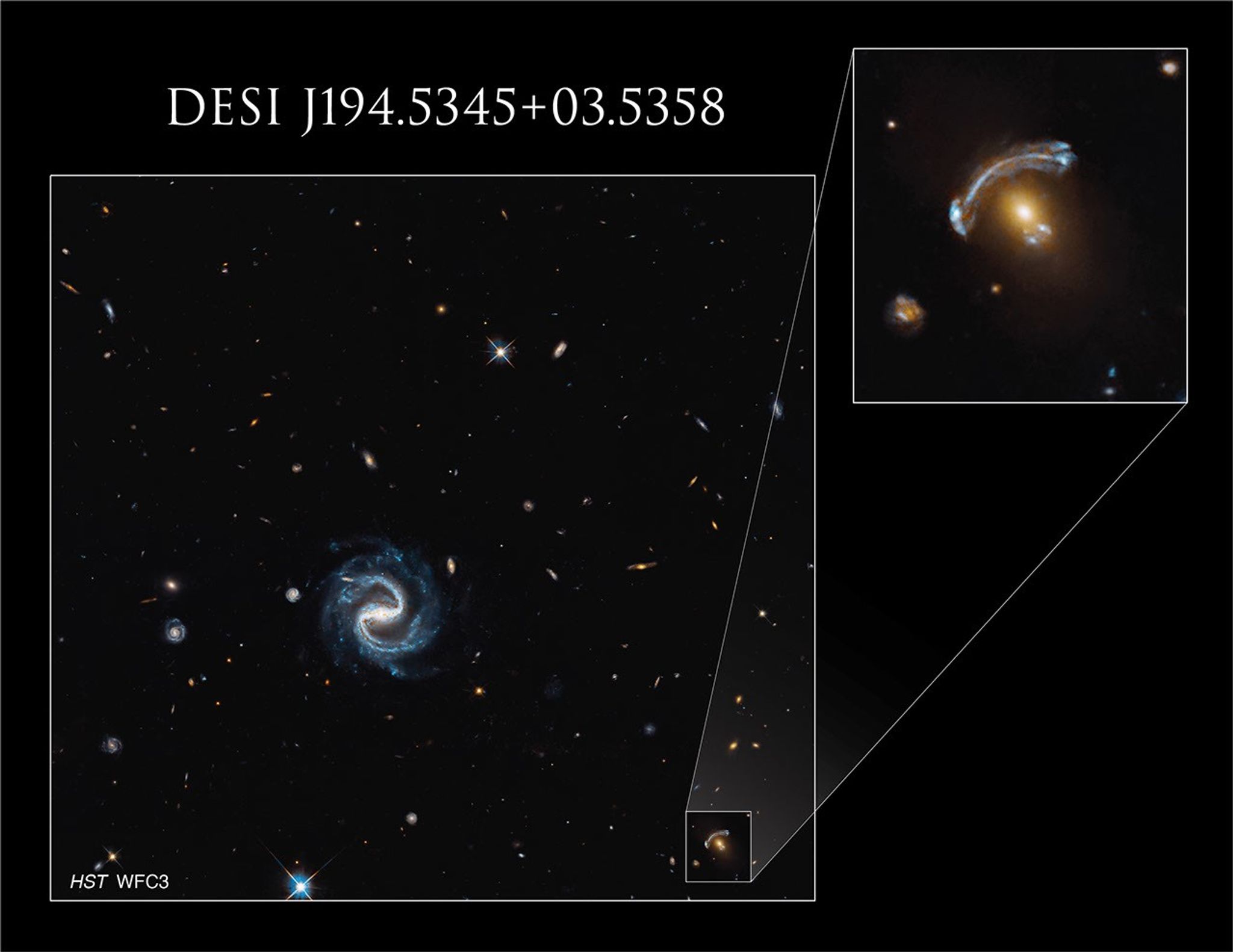 กล้อง Hubble ถ่ายภาพกาแล็กซี่ที่ถูกเลนส์ความโน้มถ่วงเบี่ยงเบน ระบุ HST WFC3