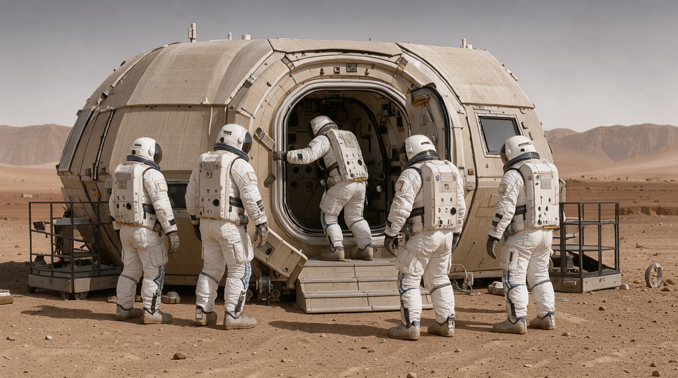 ภาพสร้างด้วย AI (ไม่ใช่ภาพถ่ายจริง) ประกอบข่าว อาสาสมัคร NASA ครบ 378 วันในฐานจำลองดาวอังคาร เตรียมออกจากที่กักตัว