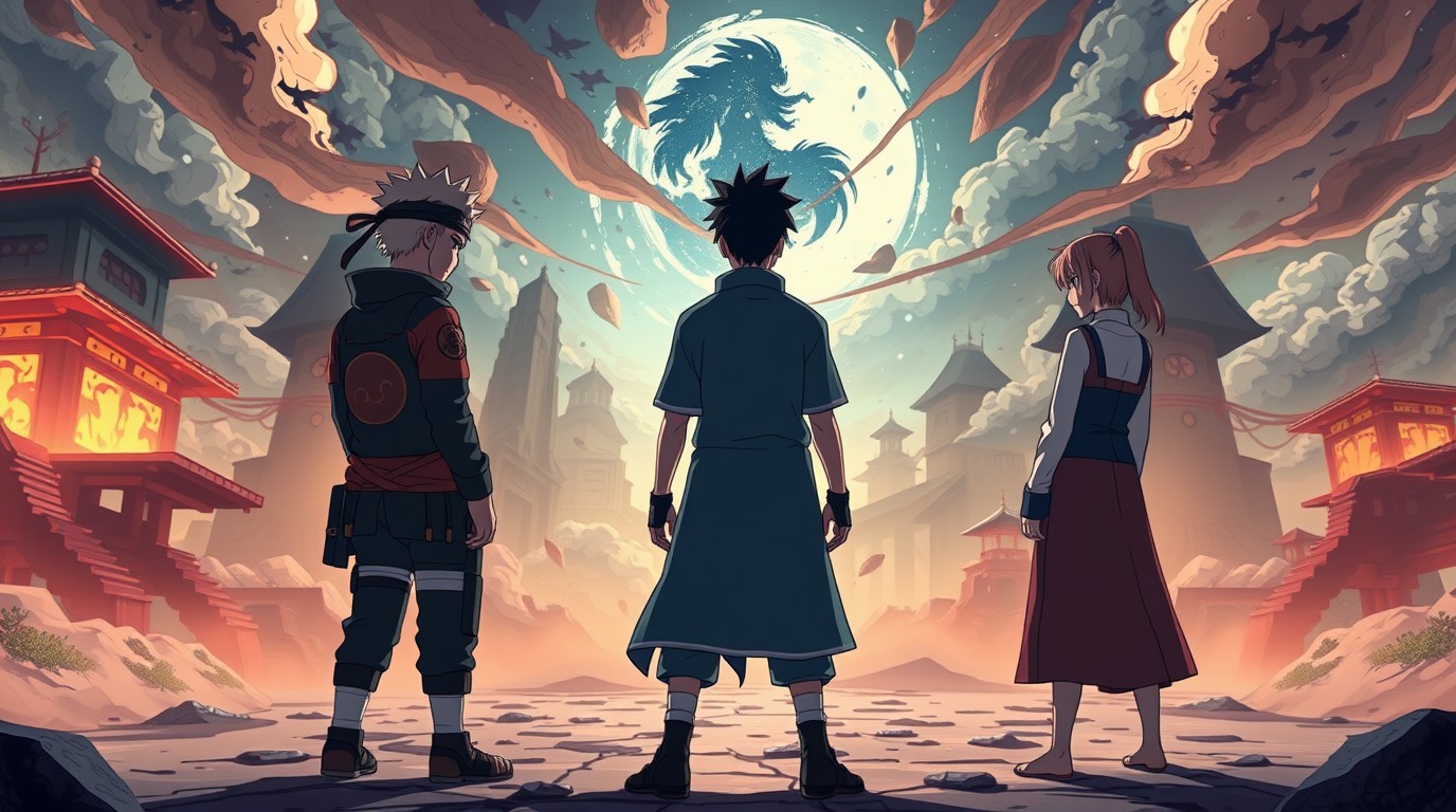 ภาพสร้างด้วย AI (ไม่ใช่ภาพถ่ายจริง) ประกอบข่าว Naruto เปิดตัวอนิเมะครอสโอเวอร์กับ NINKŪ พร้อมมังงะใหม่ Shadow Rising