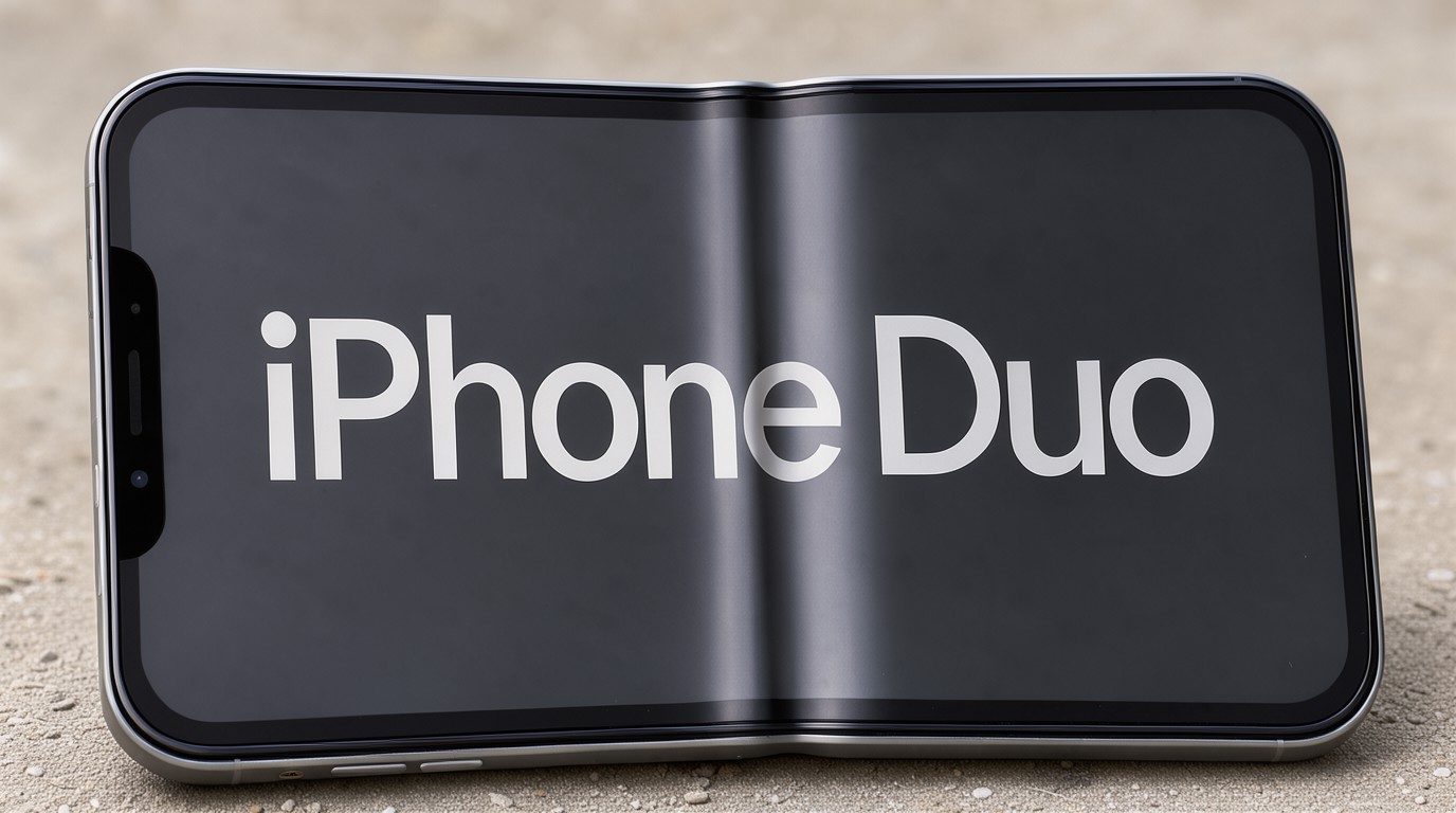 ภาพสร้างด้วย AI (ไม่ใช่ภาพถ่ายจริง) ประกอบข่าว วิดีโอ hands-on iPhone Duo โชว์รอยพับจอนิ่มผิดปกติ เทียบกับจอส่วนอื่น