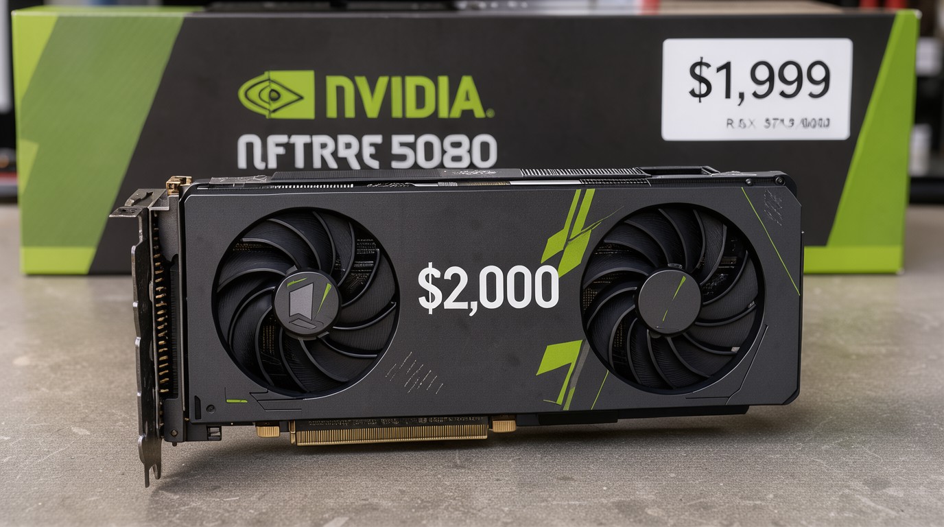 ภาพสร้างด้วย AI (ไม่ใช่ภาพถ่ายจริง) ประกอบข่าว ราคา Nvidia RTX 5080 พุ่งแตะ 2,000 ดอลลาร์ แพงกว่า RTX 5090 ตอนเปิดตัวแล้ว