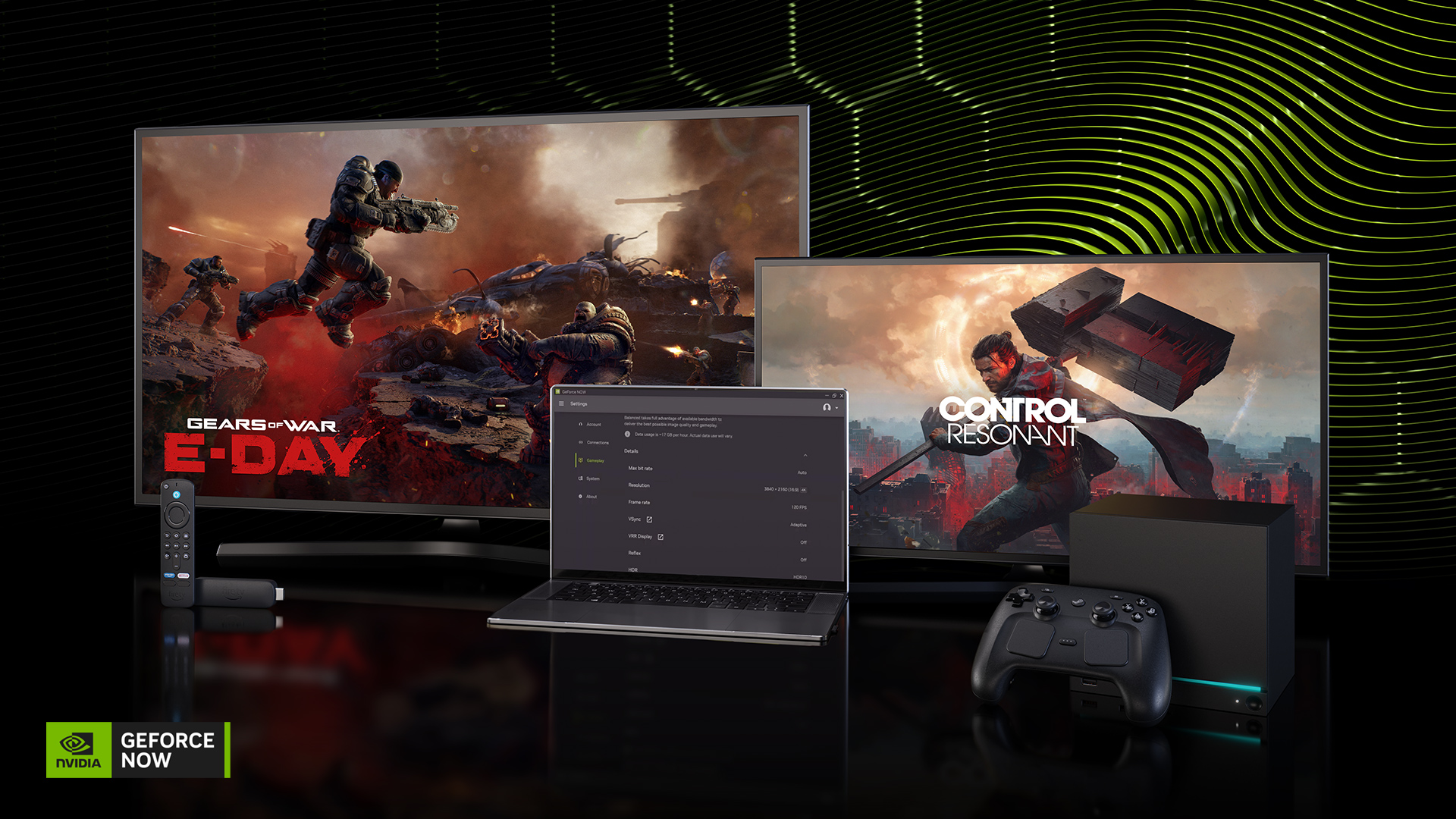 NVIDIA GeForce NOW ตั้งค่าพร้อมทีวีแสดงเกม Gears of War และ Control
